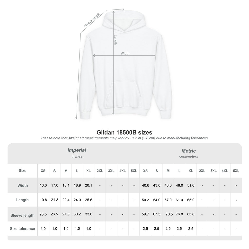 White hoodie with size chart measurements on a white background