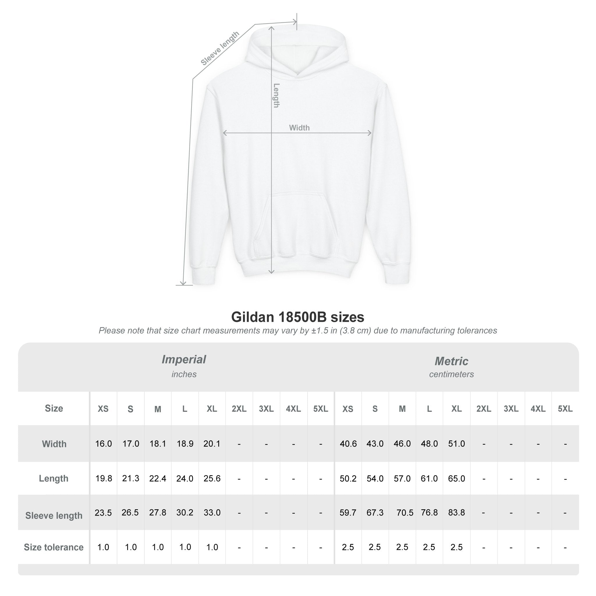 White hoodie with size chart measurements on a white background