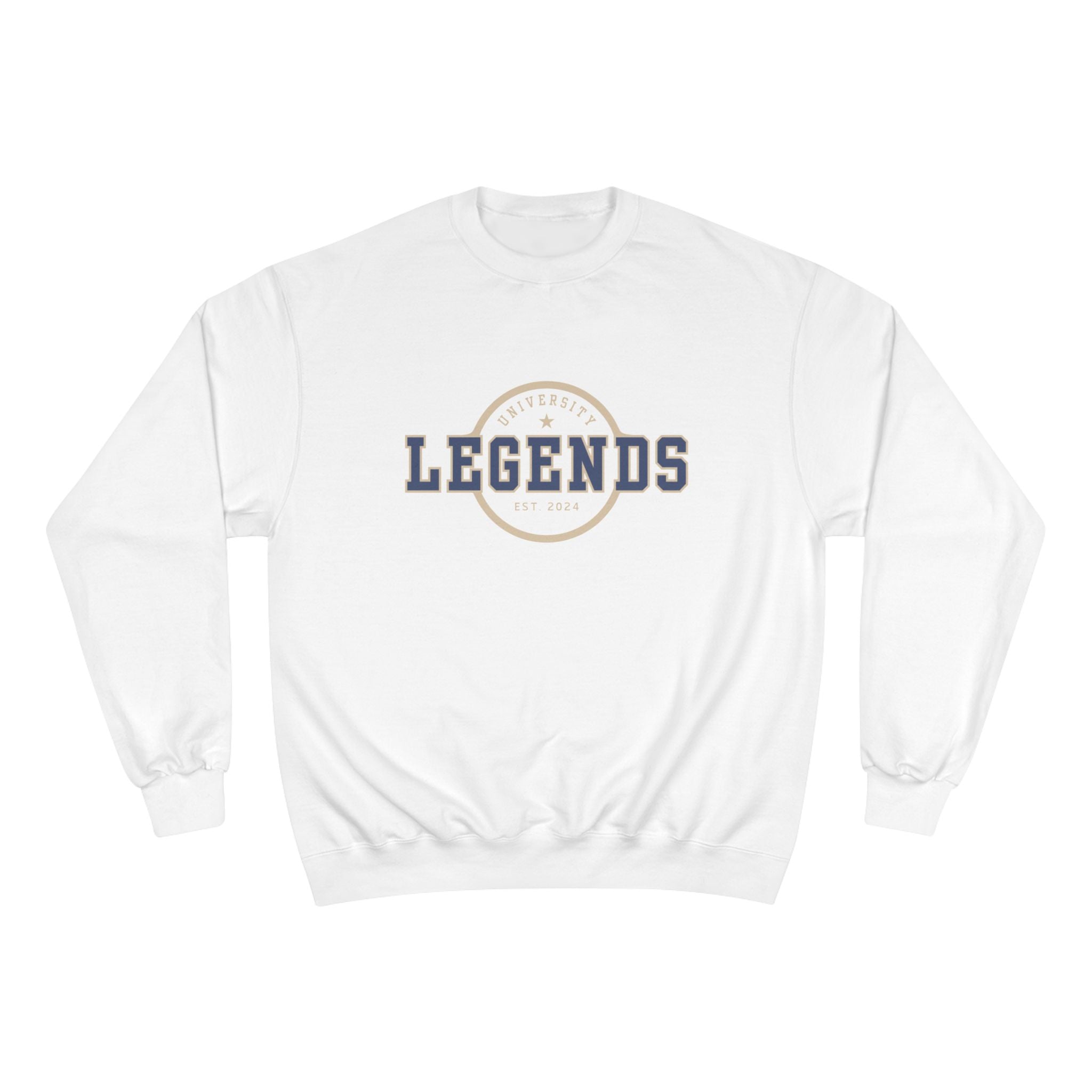 White sweatshirt with 'LEGENDS' text on a white background