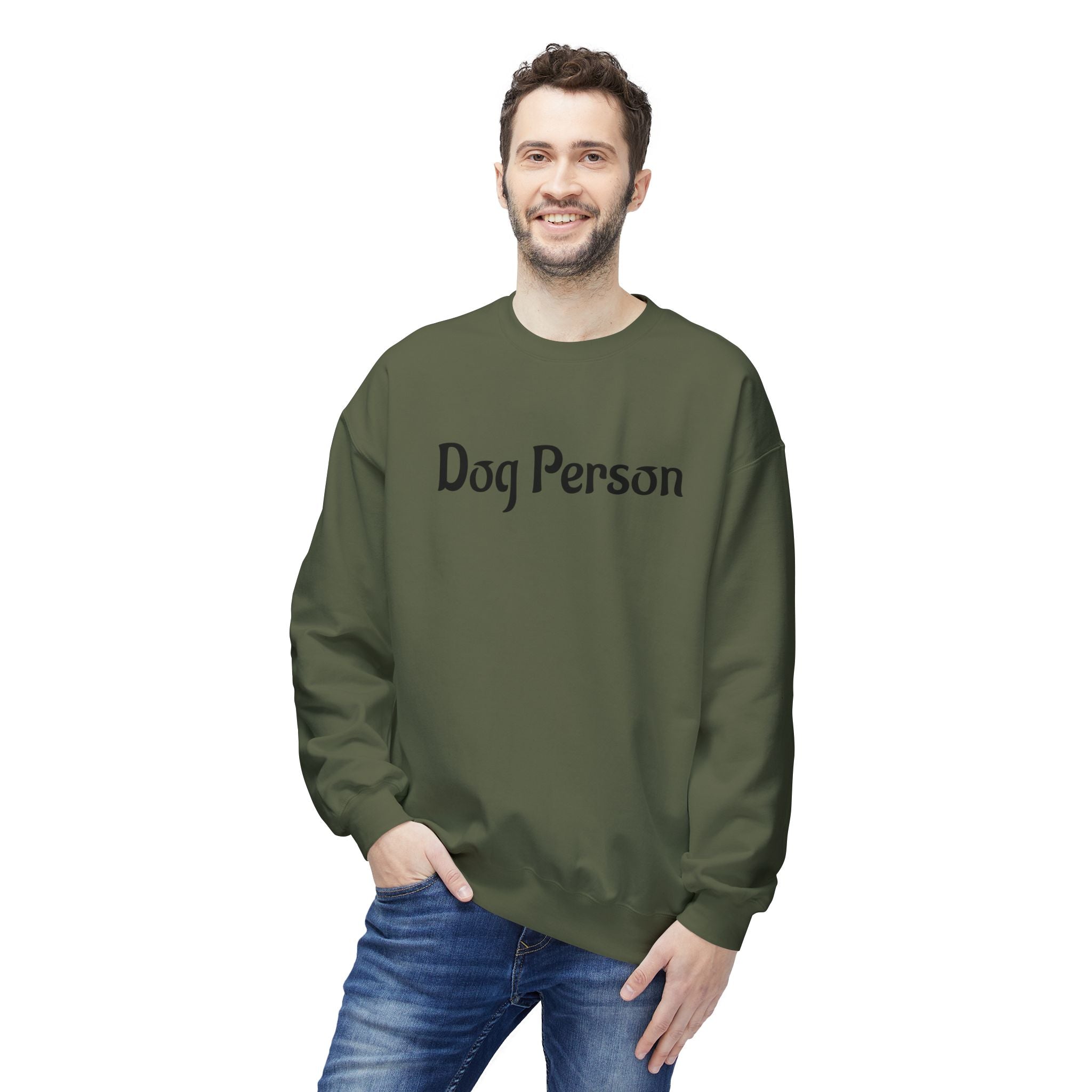 Man wearing a green sweatshirt with 'Dog Person' text on a white background