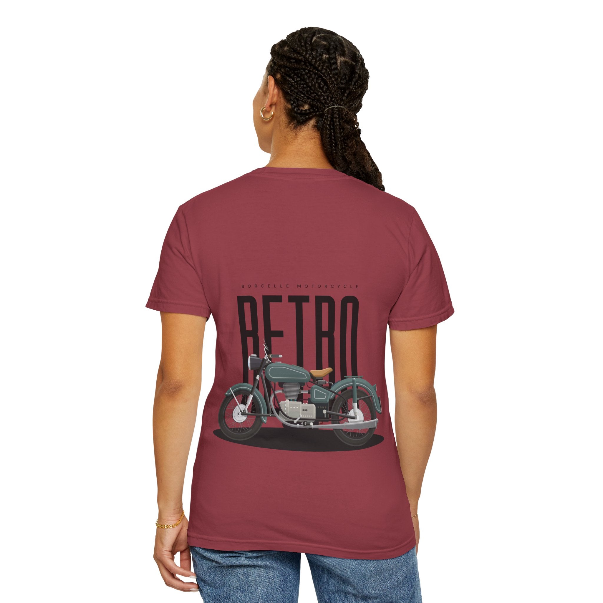 Person wearing a maroon t-shirt with a motorcycle graphic and 'Retro' text on the back.