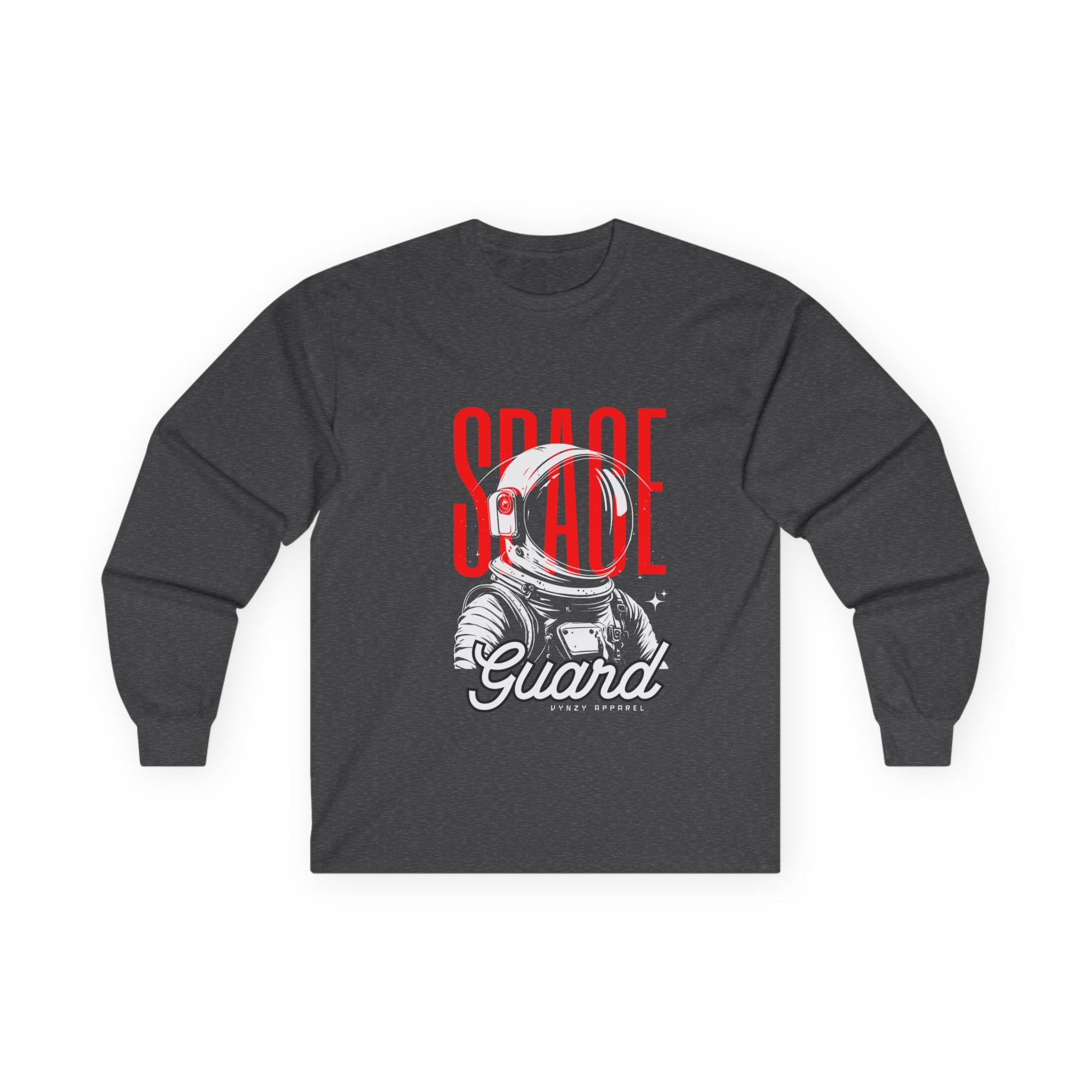 Black long-sleeve shirt with 'Space Guard' design on a white background