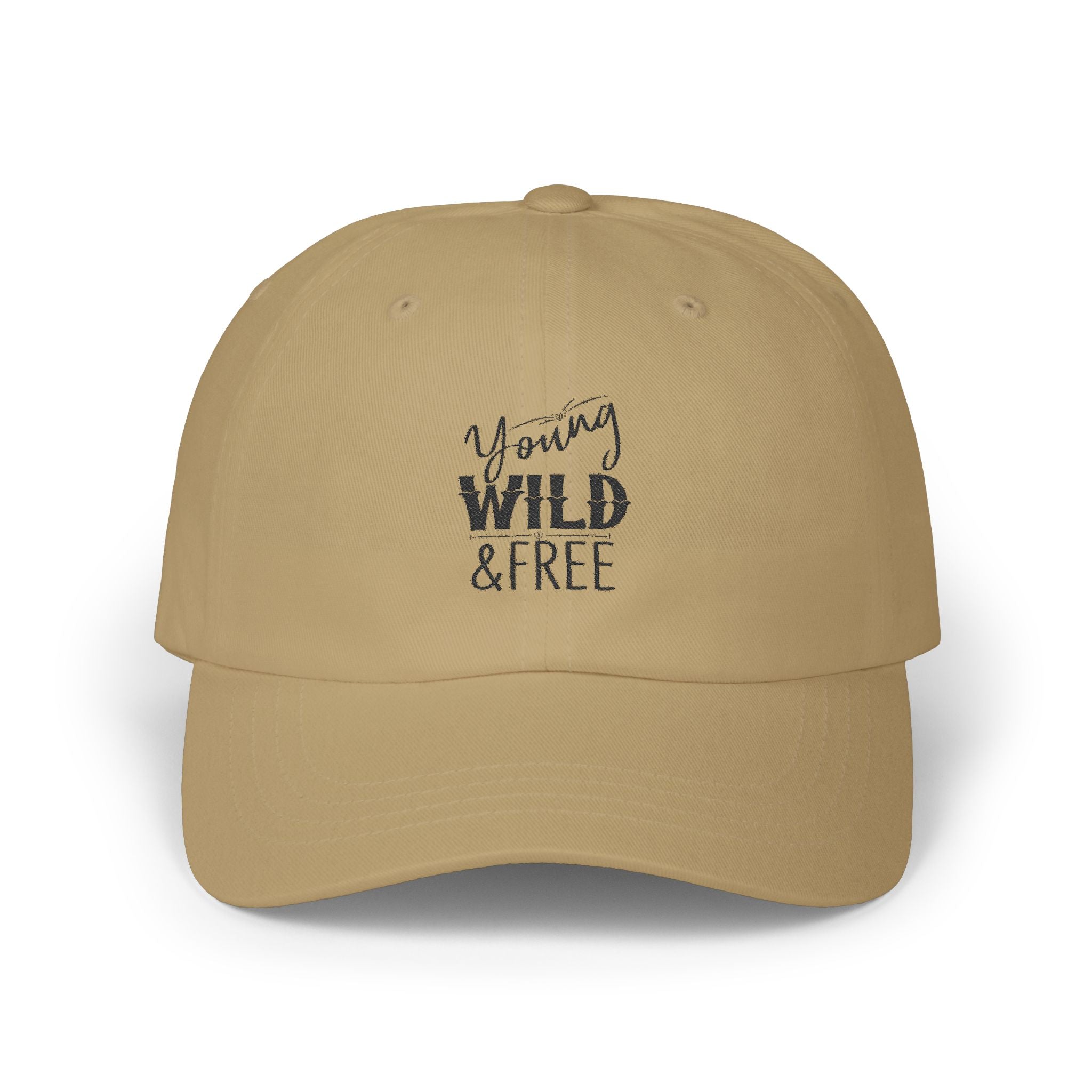 Beige cap with 'Young Wild & Free' text on a white background