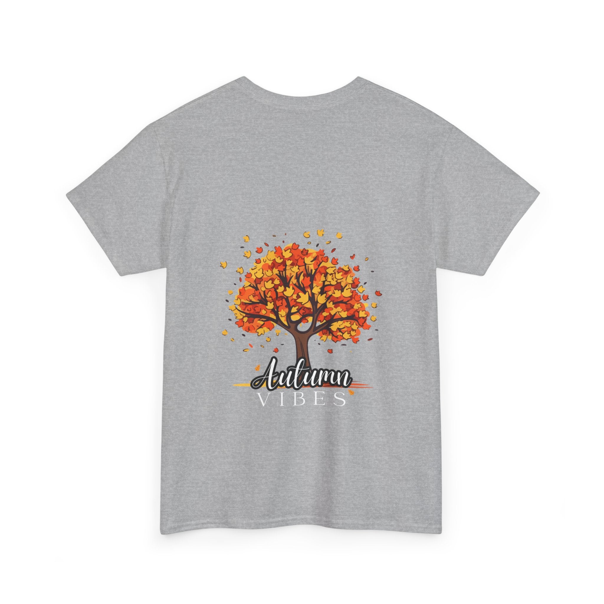 Gray t-shirt with an autumn-themed design on a white background