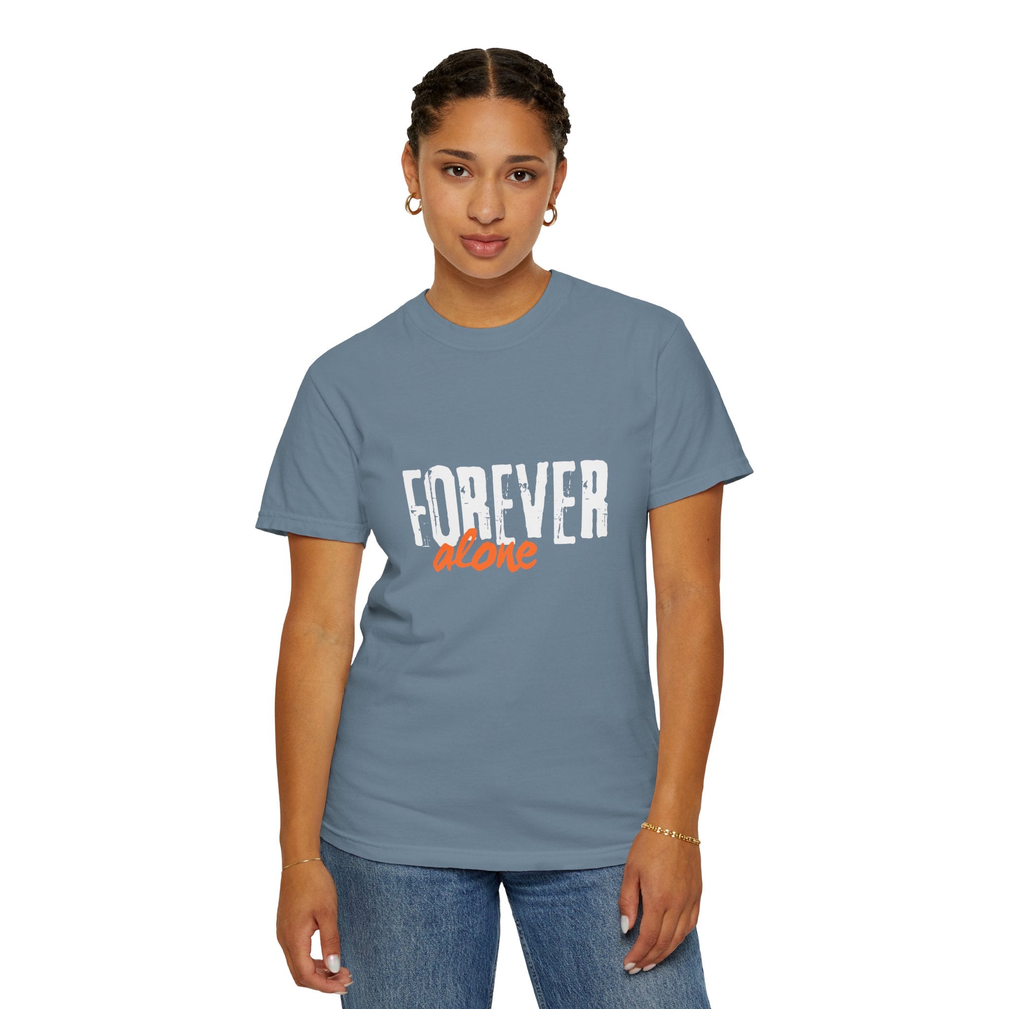 Person wearing a blue t-shirt with 'Forever alone' text on a white background