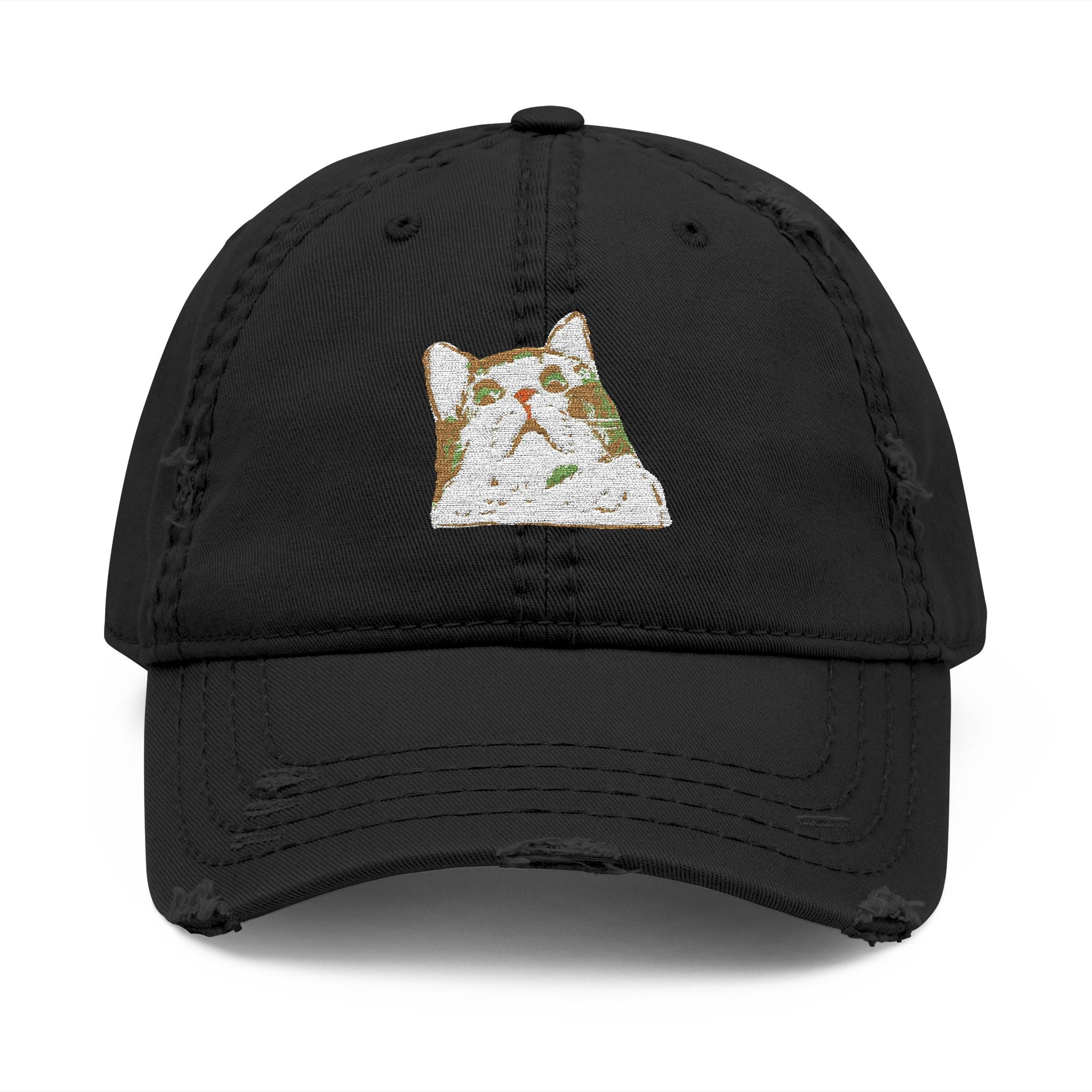 Black cap with a cat face design on a white background