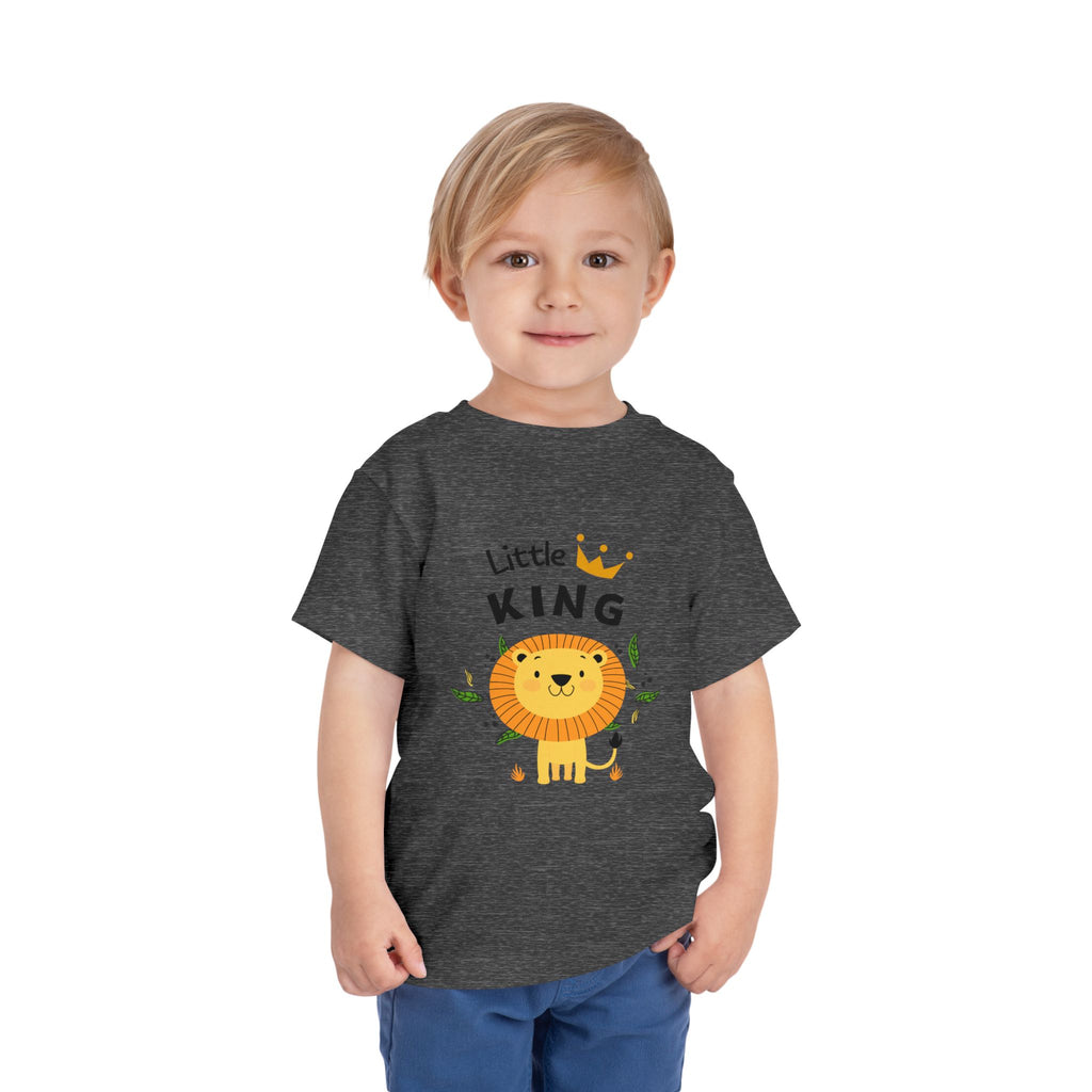 Child wearing a dark gray t-shirt with a lion graphic and 'Little King' text on a white background
