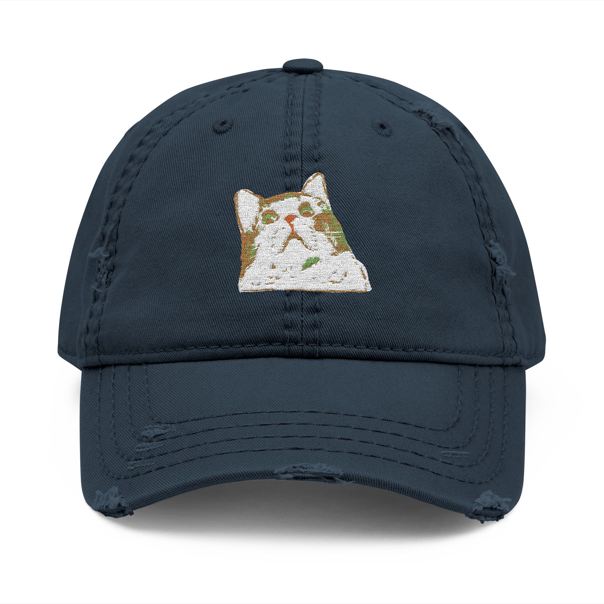 Navy blue cap with a cat face embroidery on a white background