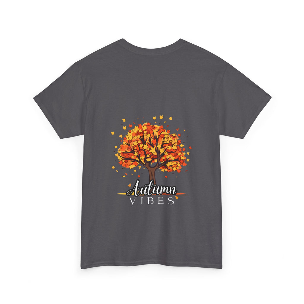 Gray t-shirt with an autumn-themed design featuring a tree and 'Autumn Vibes' text on a white background.
