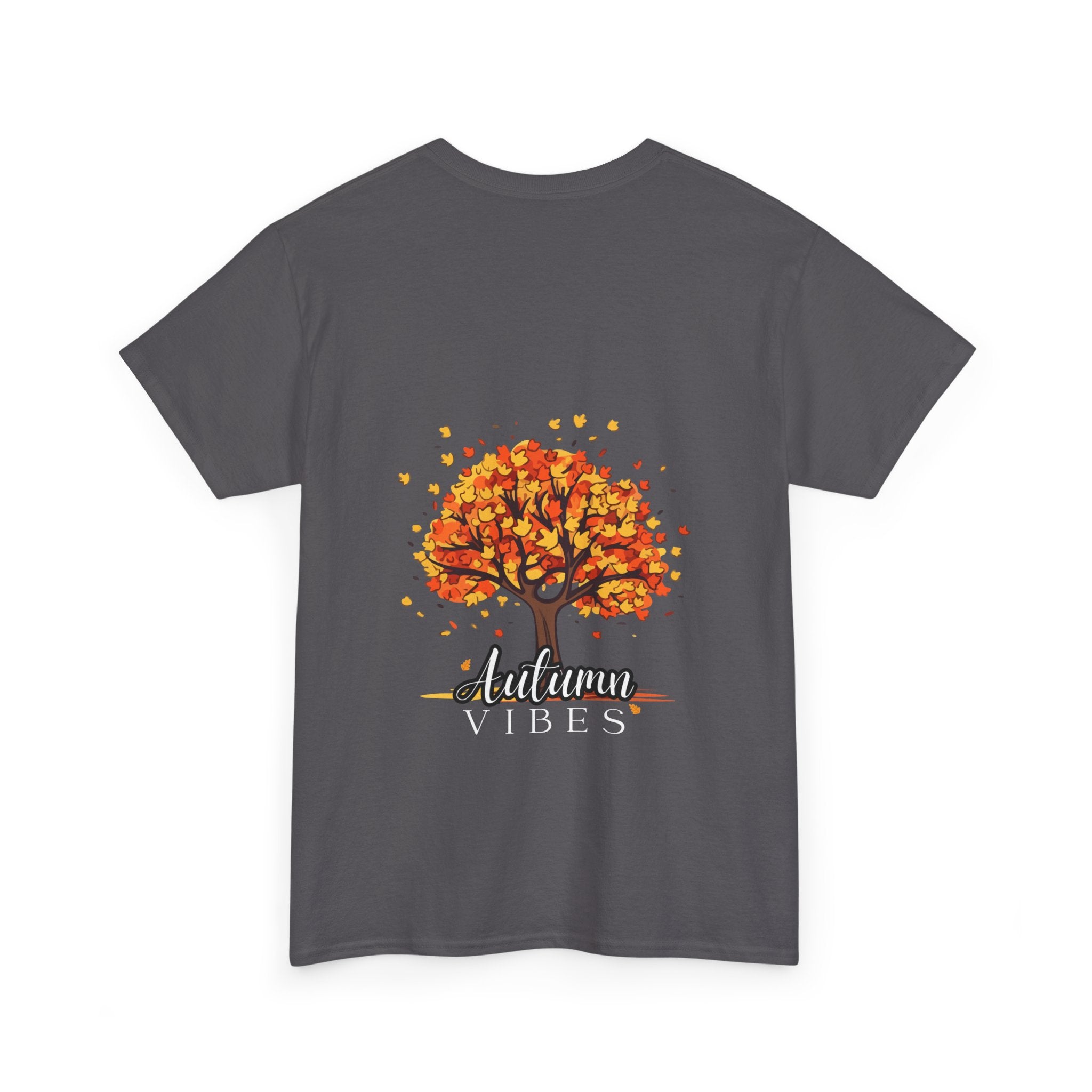Gray t-shirt with an autumn-themed design featuring a tree and 'Autumn Vibes' text on a white background.