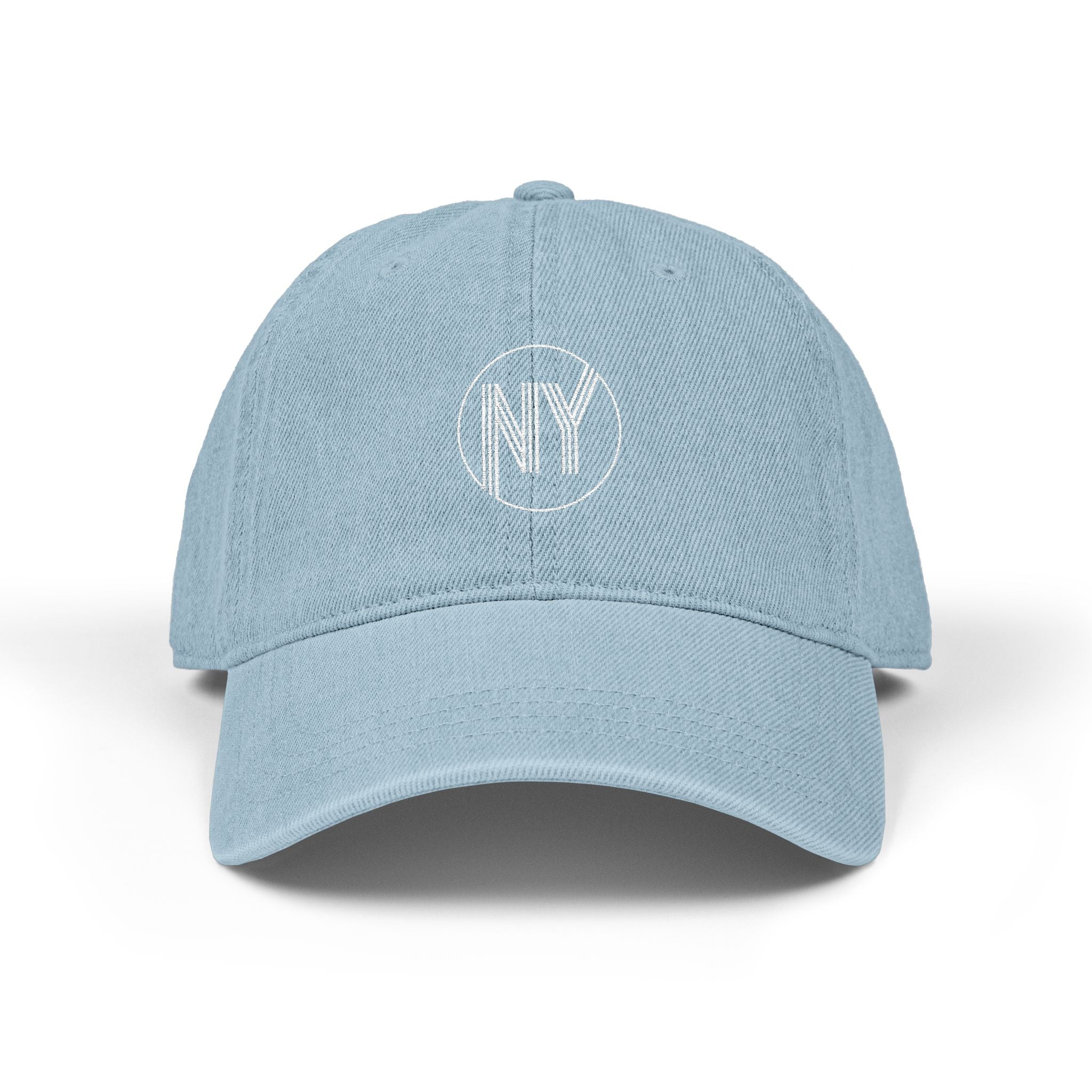 Light blue baseball cap with 'NY' logo on a white background