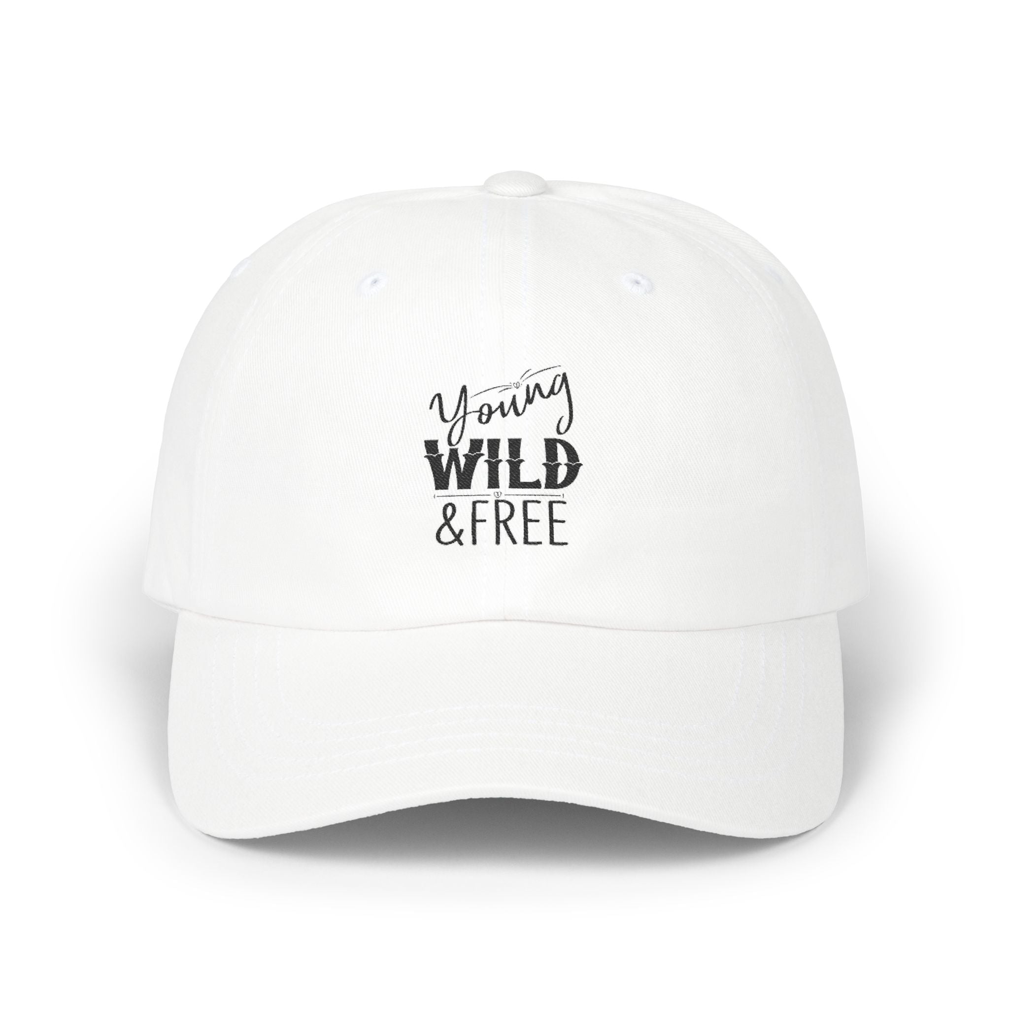 White cap with 'Young Wild Free' text on a white background