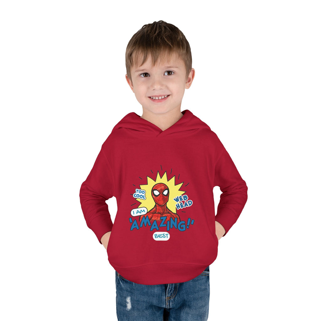 Child wearing a red hoodie with Spider-Man graphic and text on a white background