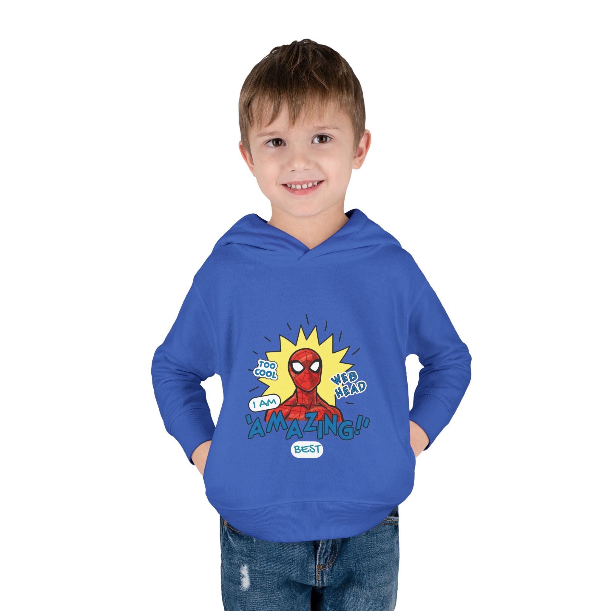 Child wearing a blue hoodie with Spider-Man graphic on a white background