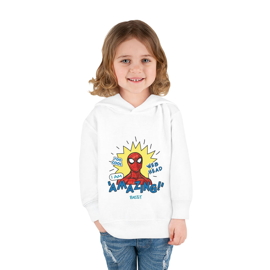 Child wearing a white hoodie with Spider-Man graphic and text on a white background