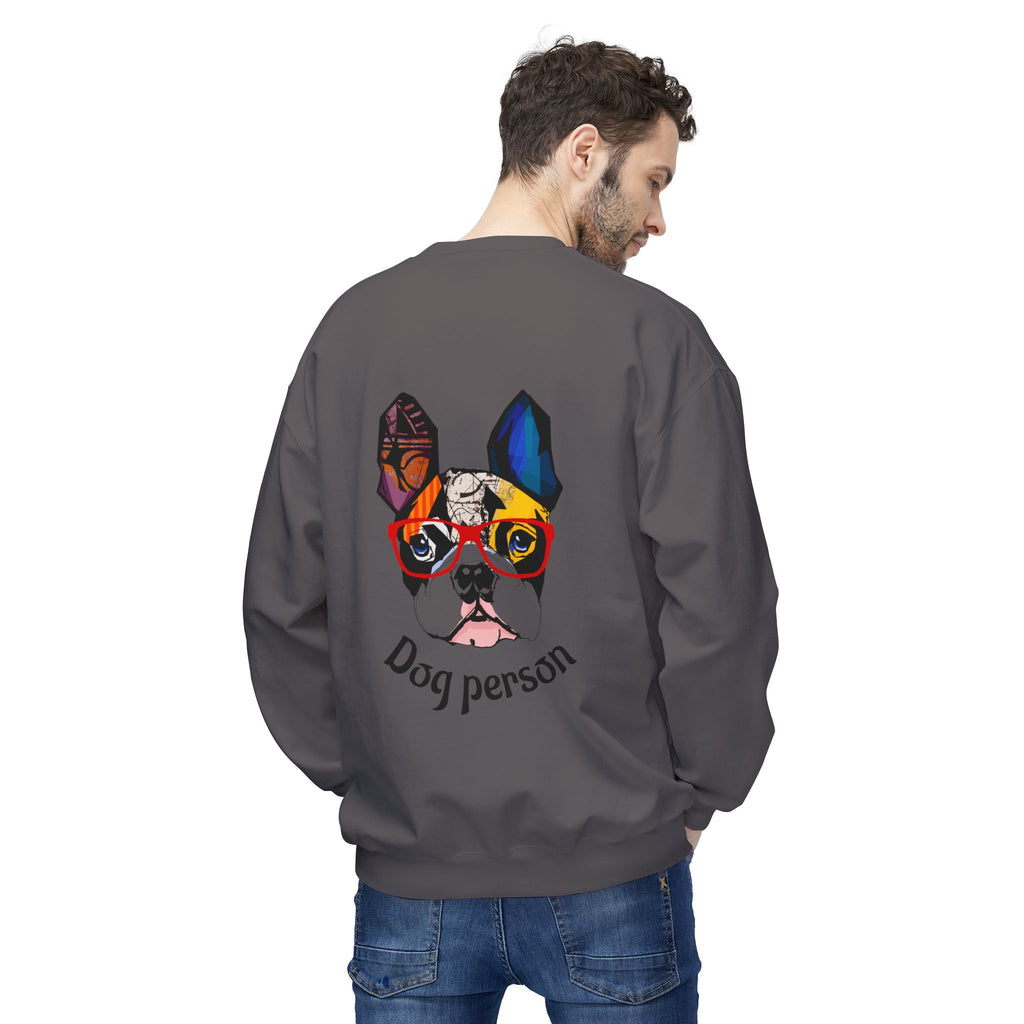 Man wearing a gray sweatshirt with a colorful dog graphic and 'Dog Person' text on the back.