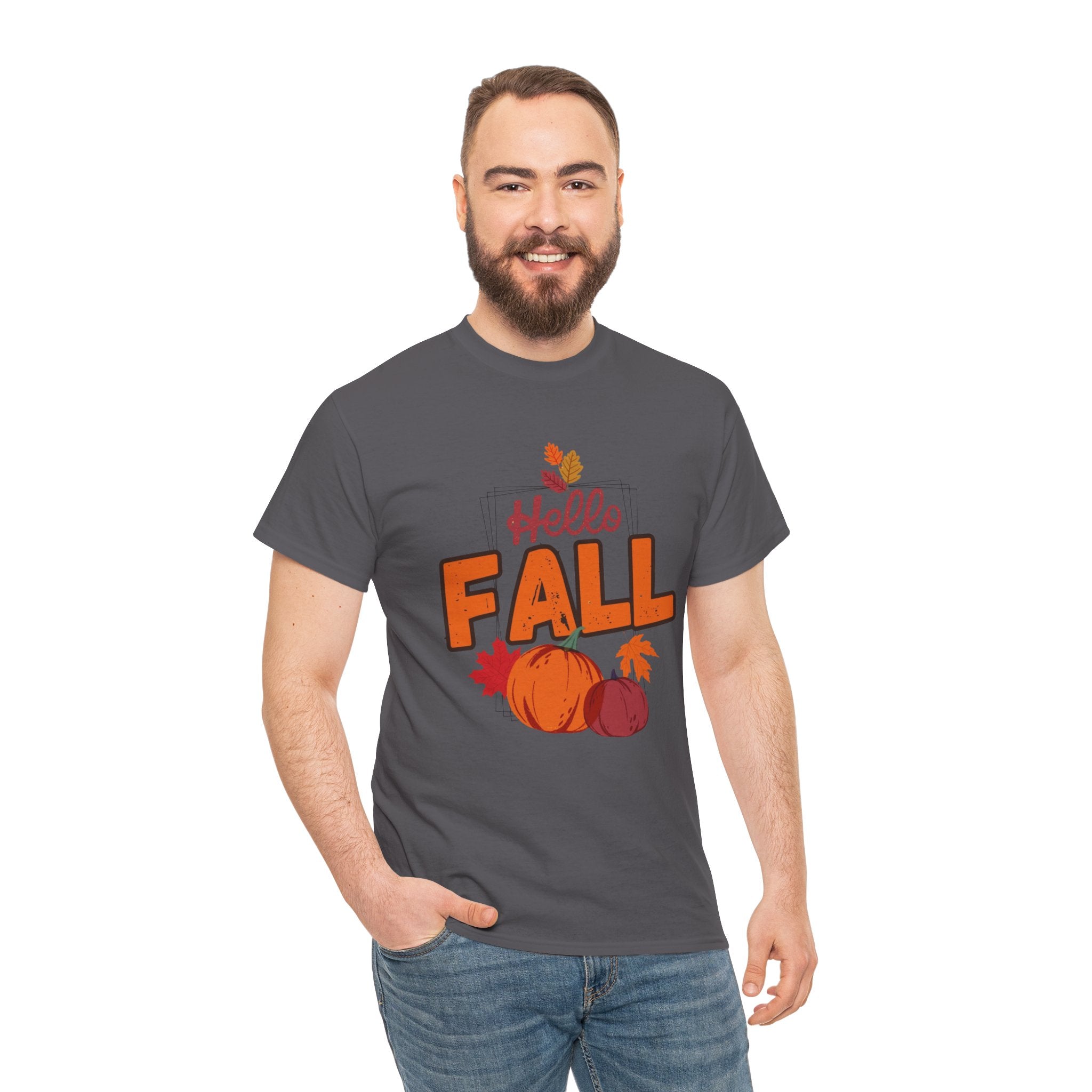 Man wearing a gray t-shirt with 'It's Beginning to Fall' design on a white background