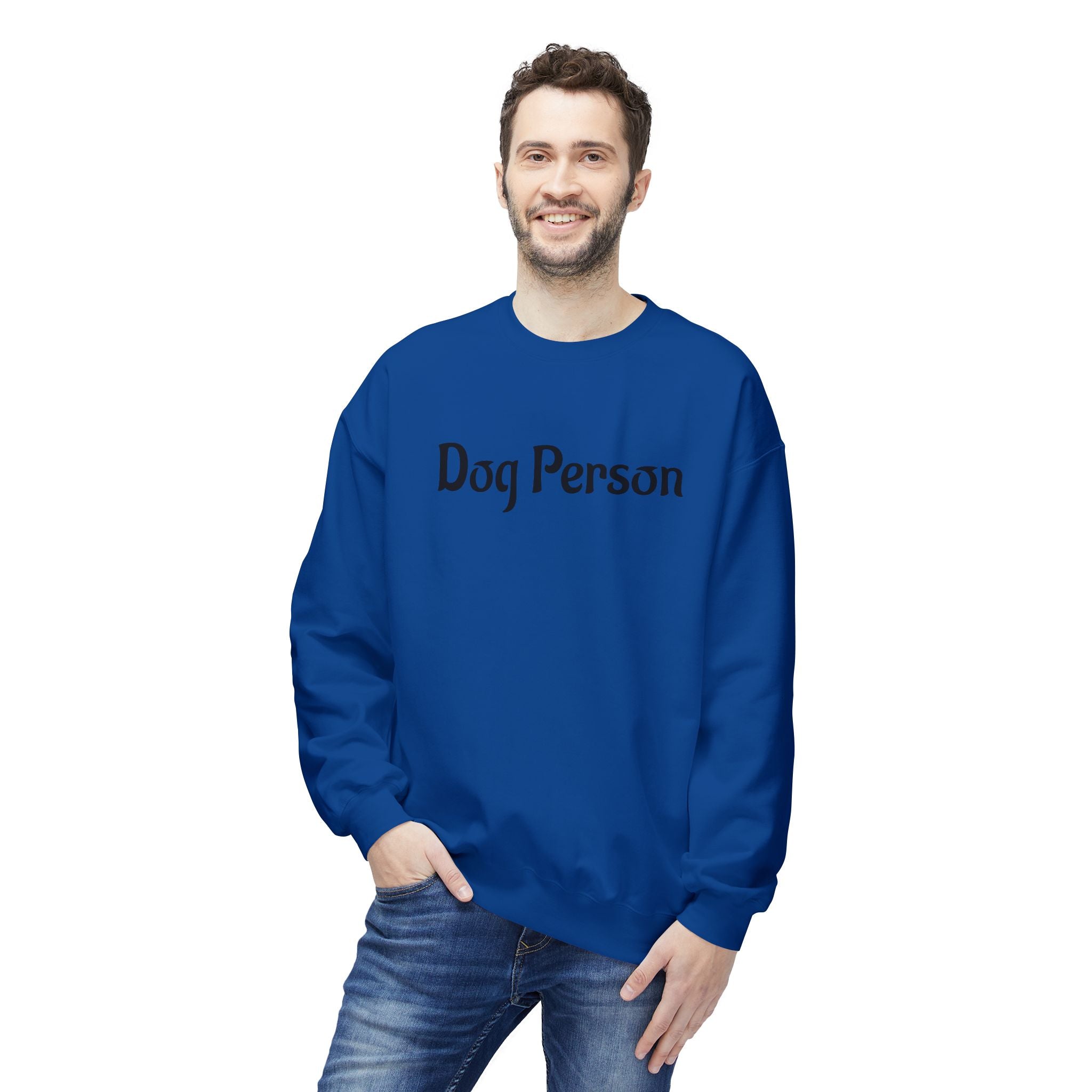 Man wearing a blue sweatshirt with 'Dog Person' text on a white background