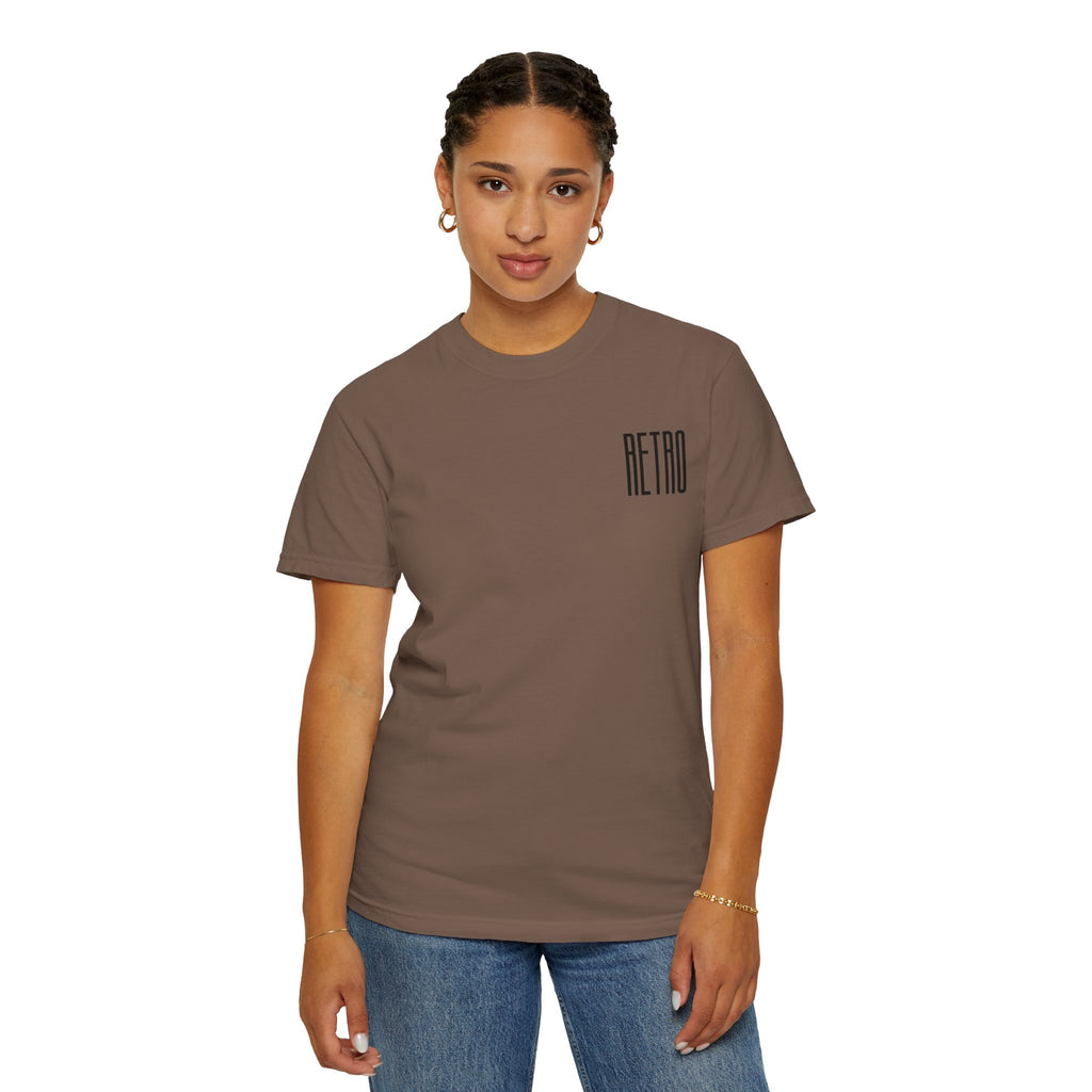 Woman wearing a brown t-shirt with 'RETRO' print on a white background