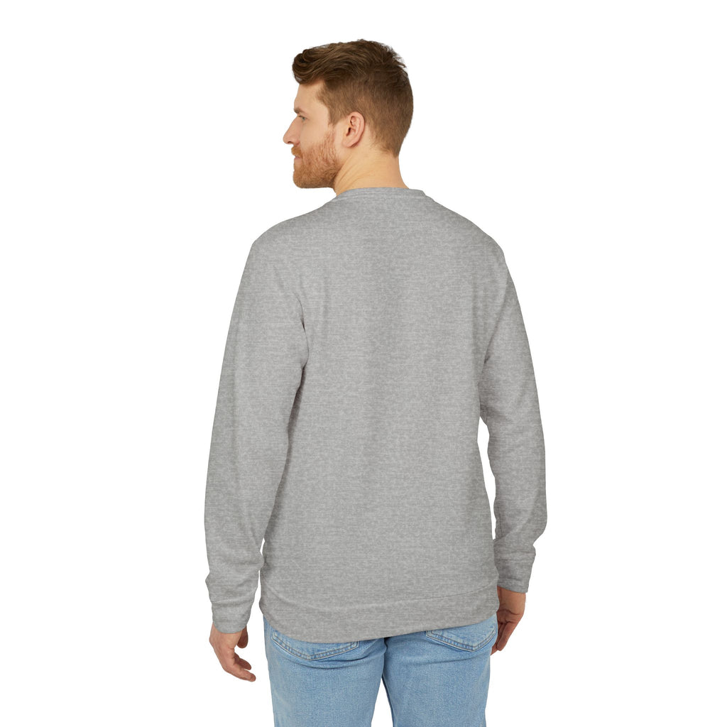 Man wearing a gray sweatshirt and light blue jeans on a white background