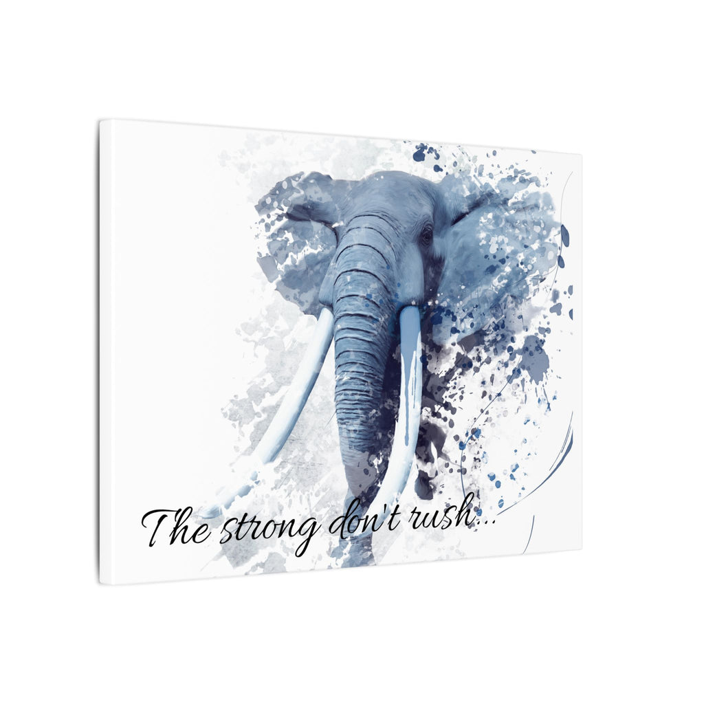 Blue elephant illustration with 'The strong don't rush' text on a white background