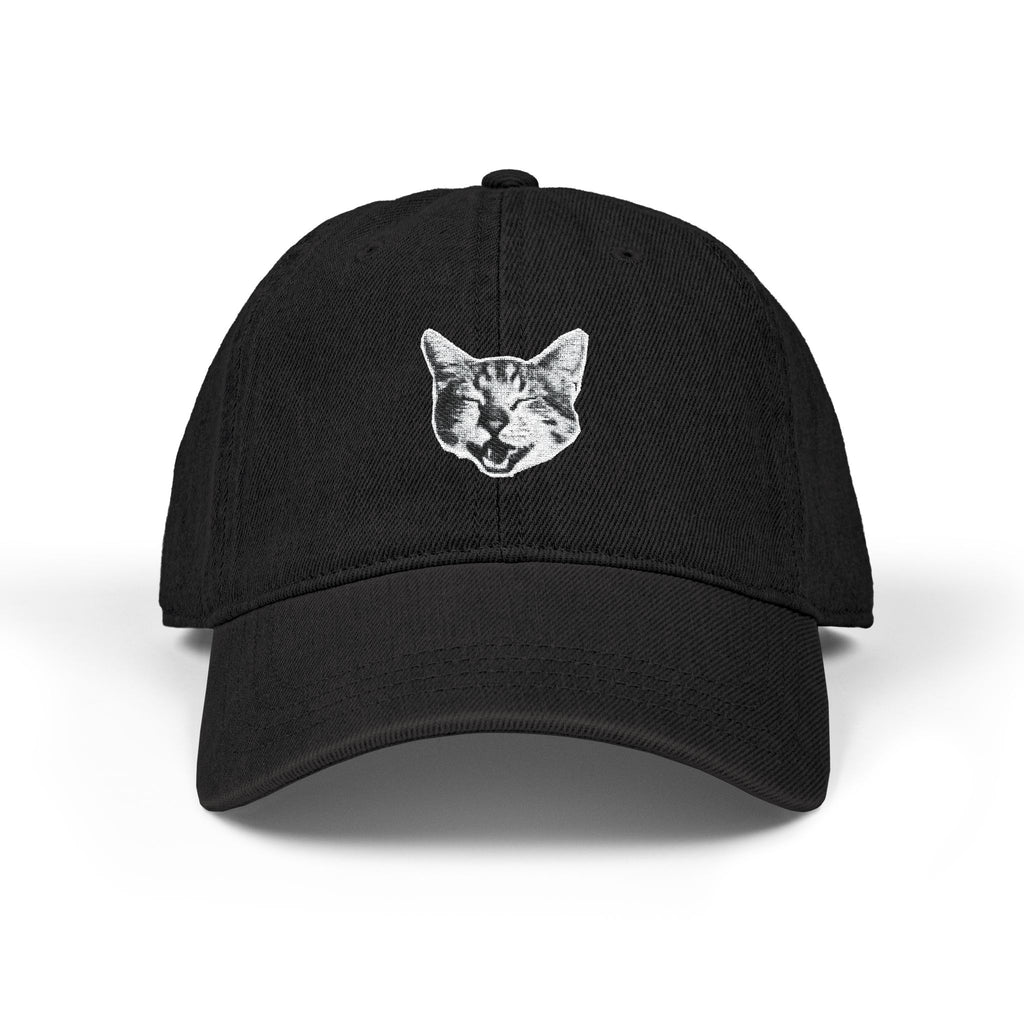 Black cap with a cat face design on a white background