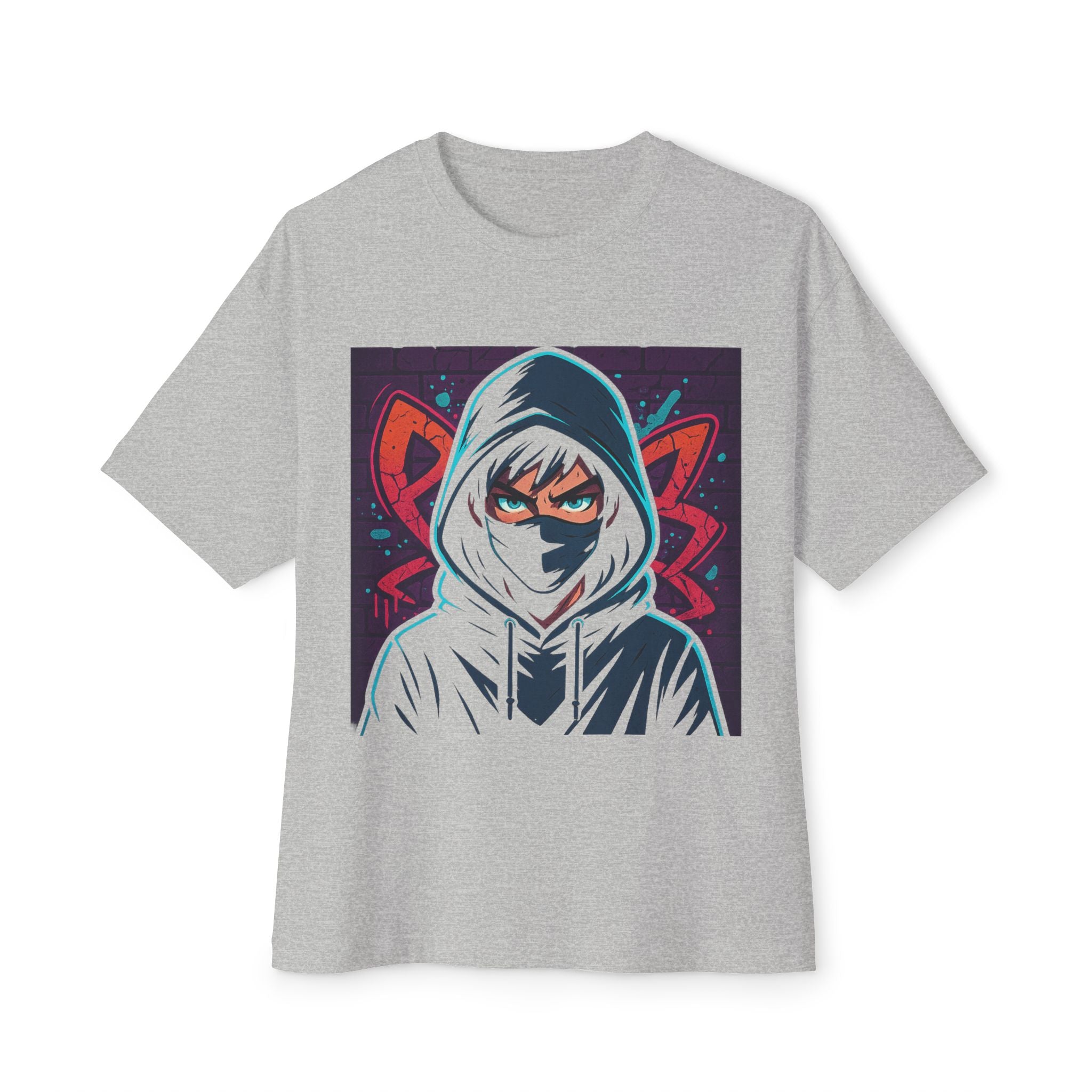 Gray t-shirt with a graphic of a hooded figure and red symbols on a white background