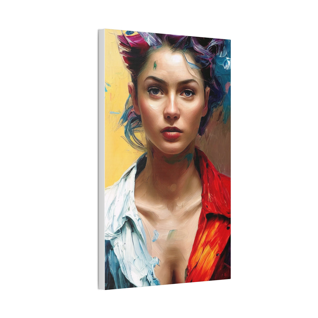 Canvas print of a woman with colorful hair and tattoos on a white background