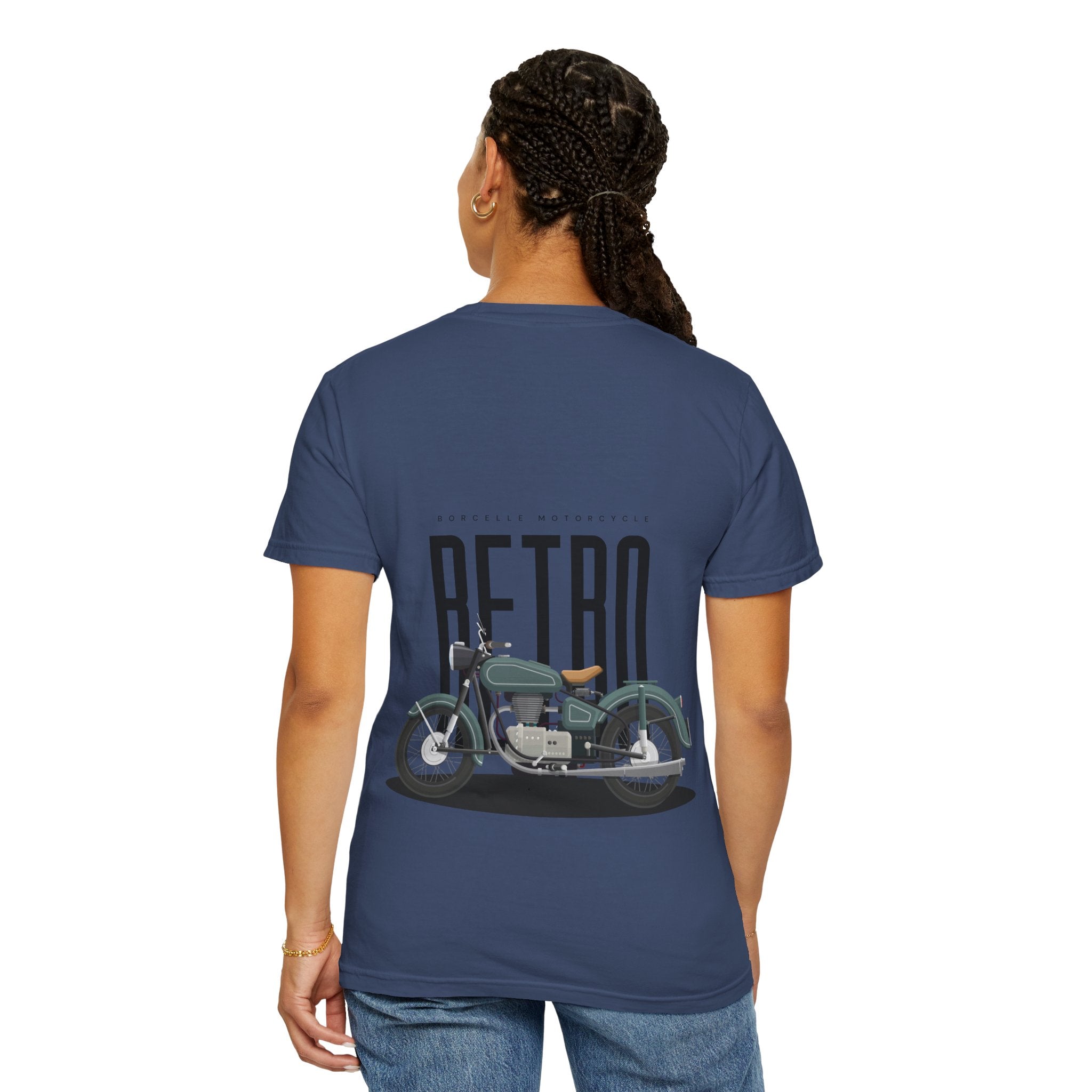 Person wearing a blue t-shirt with a retro motorcycle design on the back