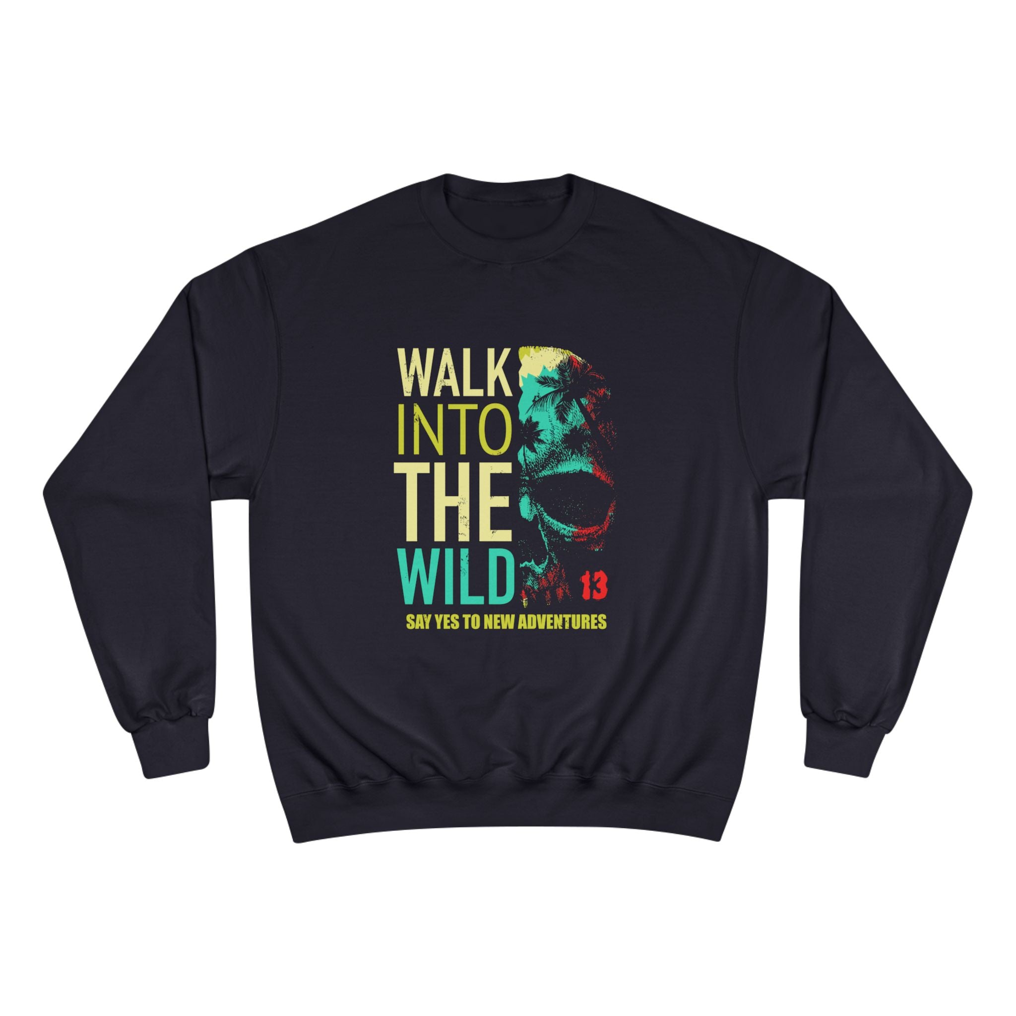 Black sweatshirt with colorful graphic and text on a white background