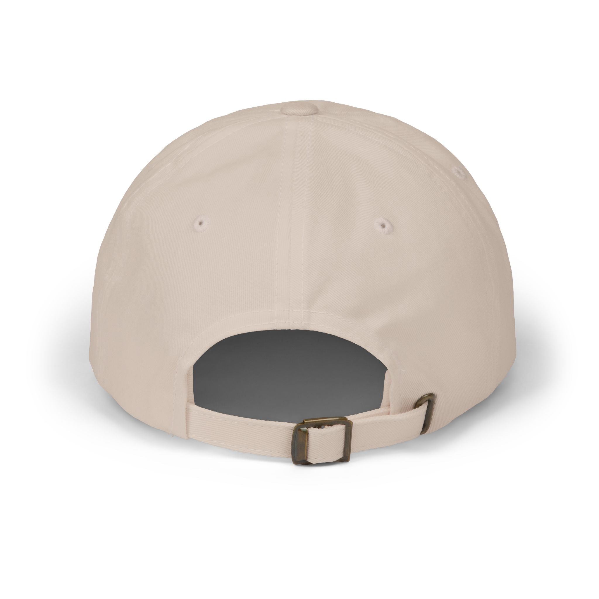 Beige baseball cap with a brown buckle on a white background