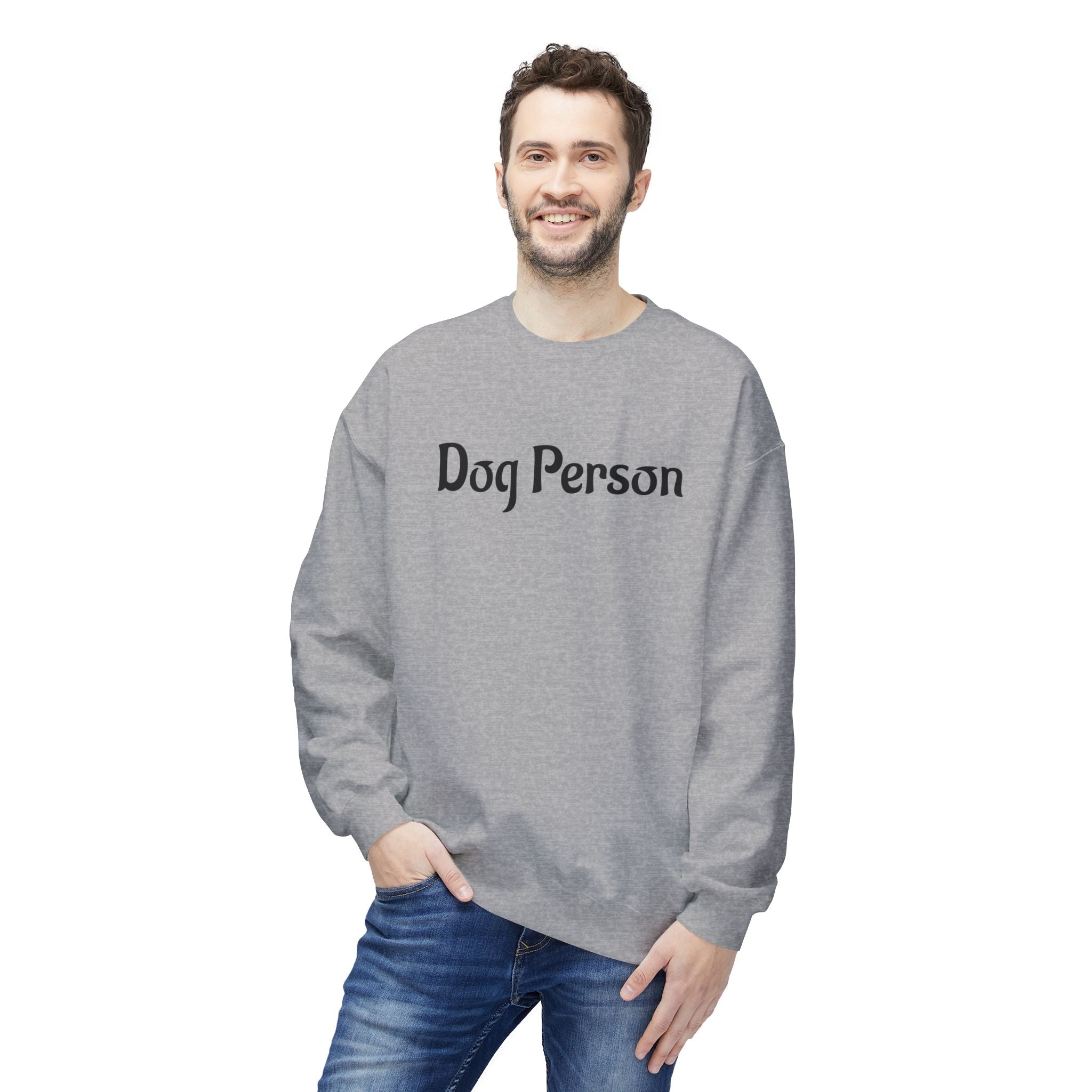 Man wearing a gray sweatshirt with 'Dog Person' text on a white background