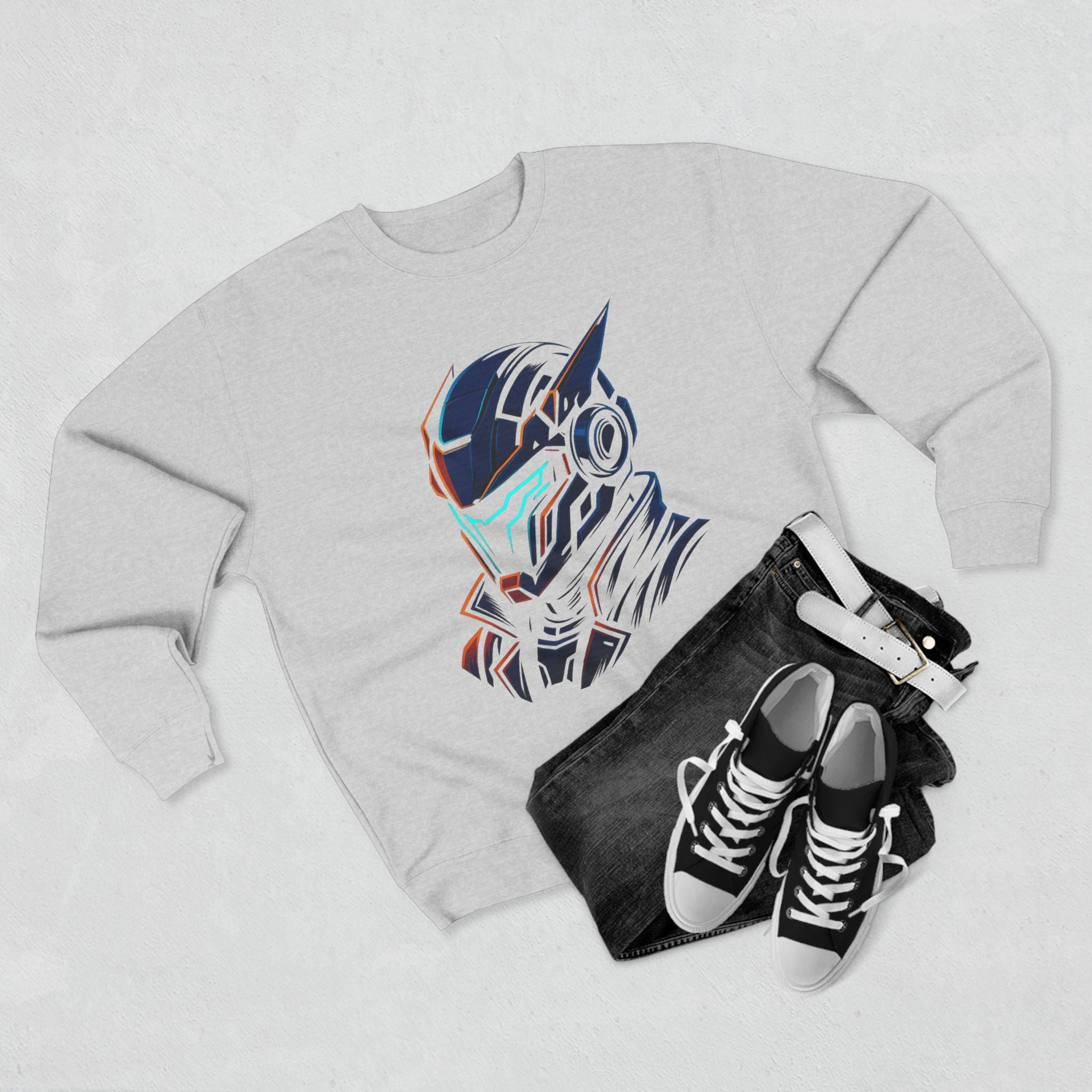 Gray sweatshirt with a colorful graphic design, black shorts, and black sneakers on a light gray background