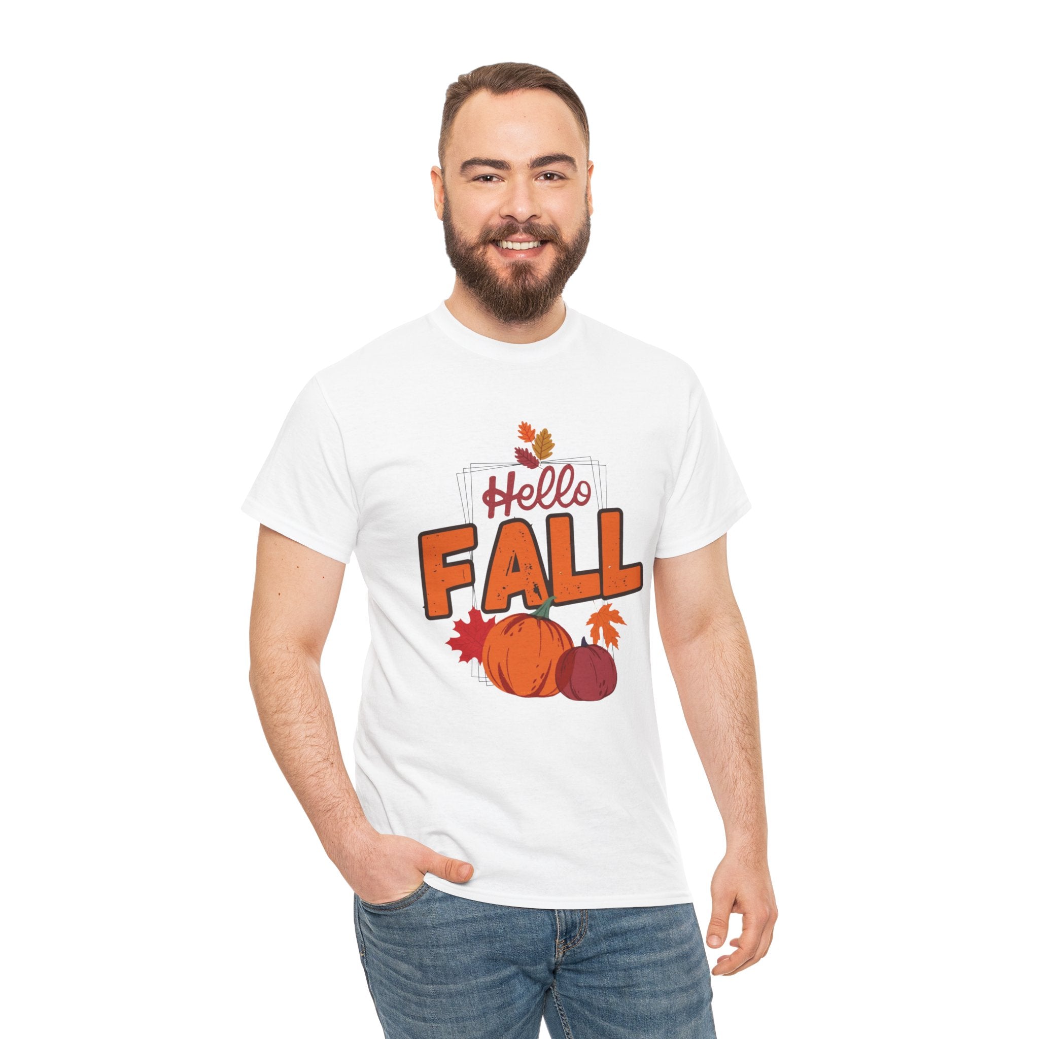 Man wearing a white t-shirt with 'Hello Fall' and autumn-themed graphics on a white background