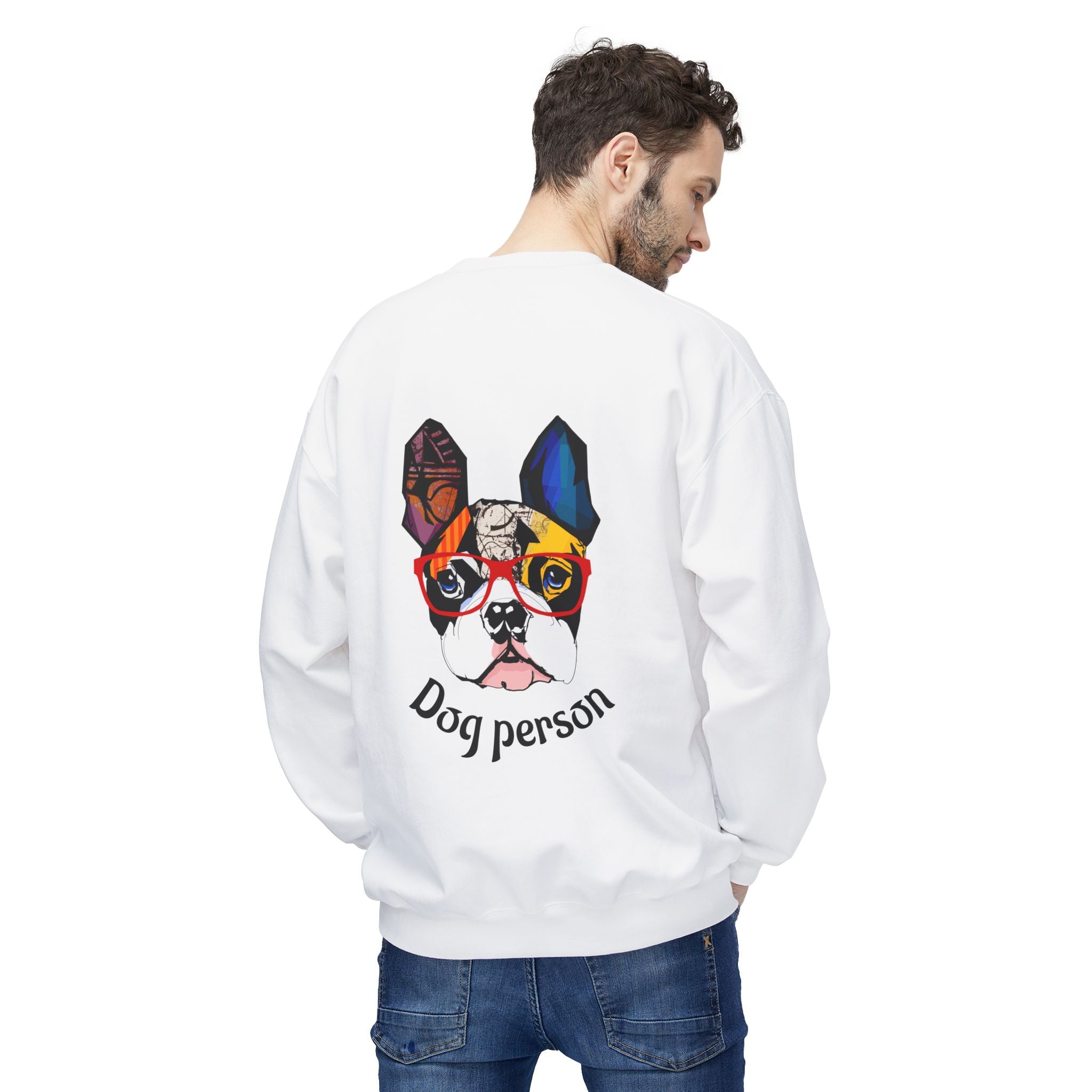 Person wearing a white sweatshirt with a colorful dog graphic and 'Dog Person' text on the back.