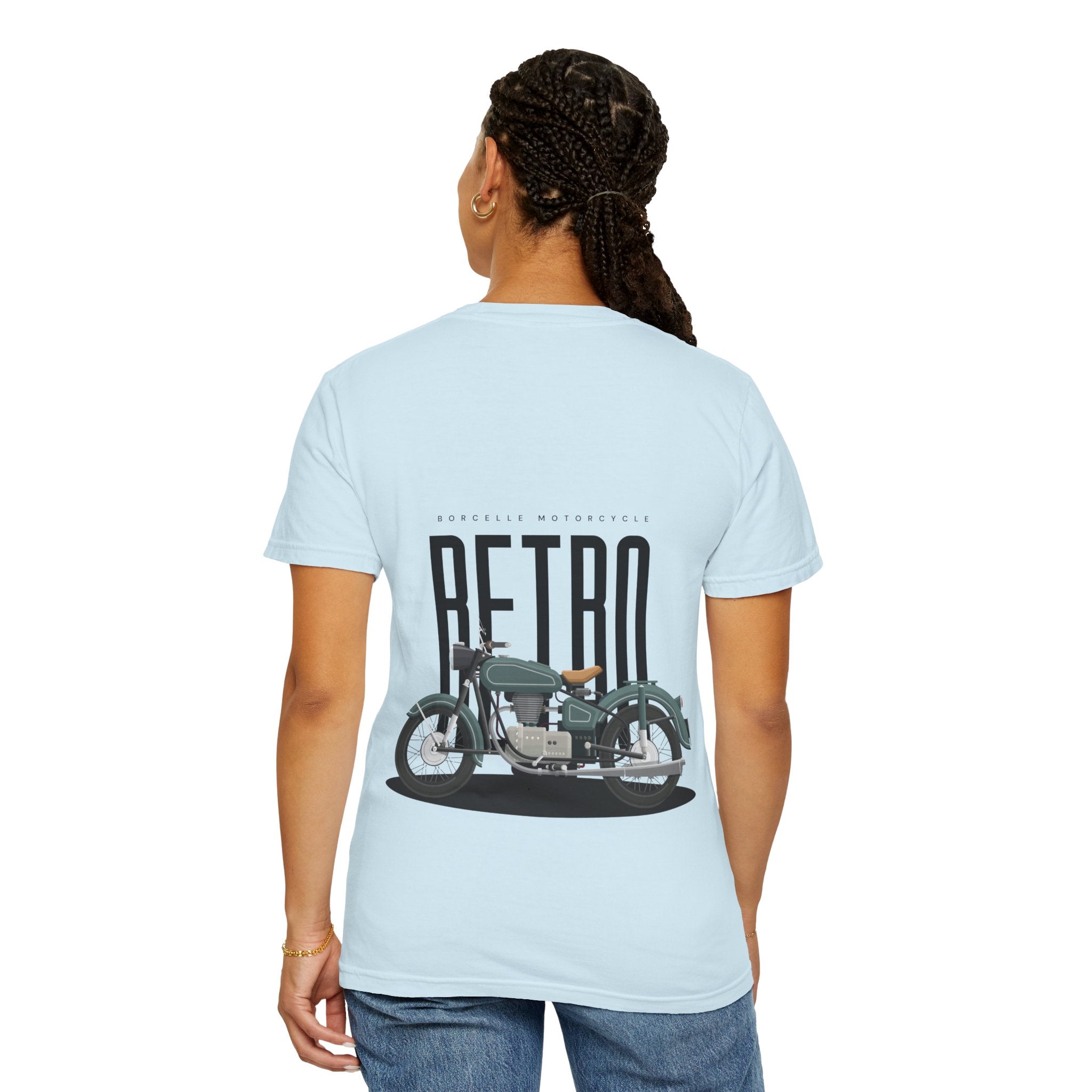 Light blue t-shirt with a graphic of a vintage motorcycle and the word 'Retro' on the back, worn by a person.