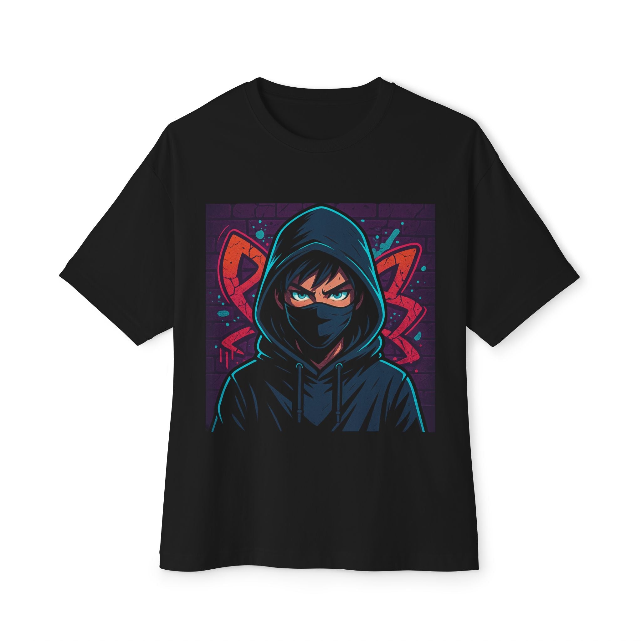 Black t-shirt with a graphic of a hooded figure and red fox ears on a white background