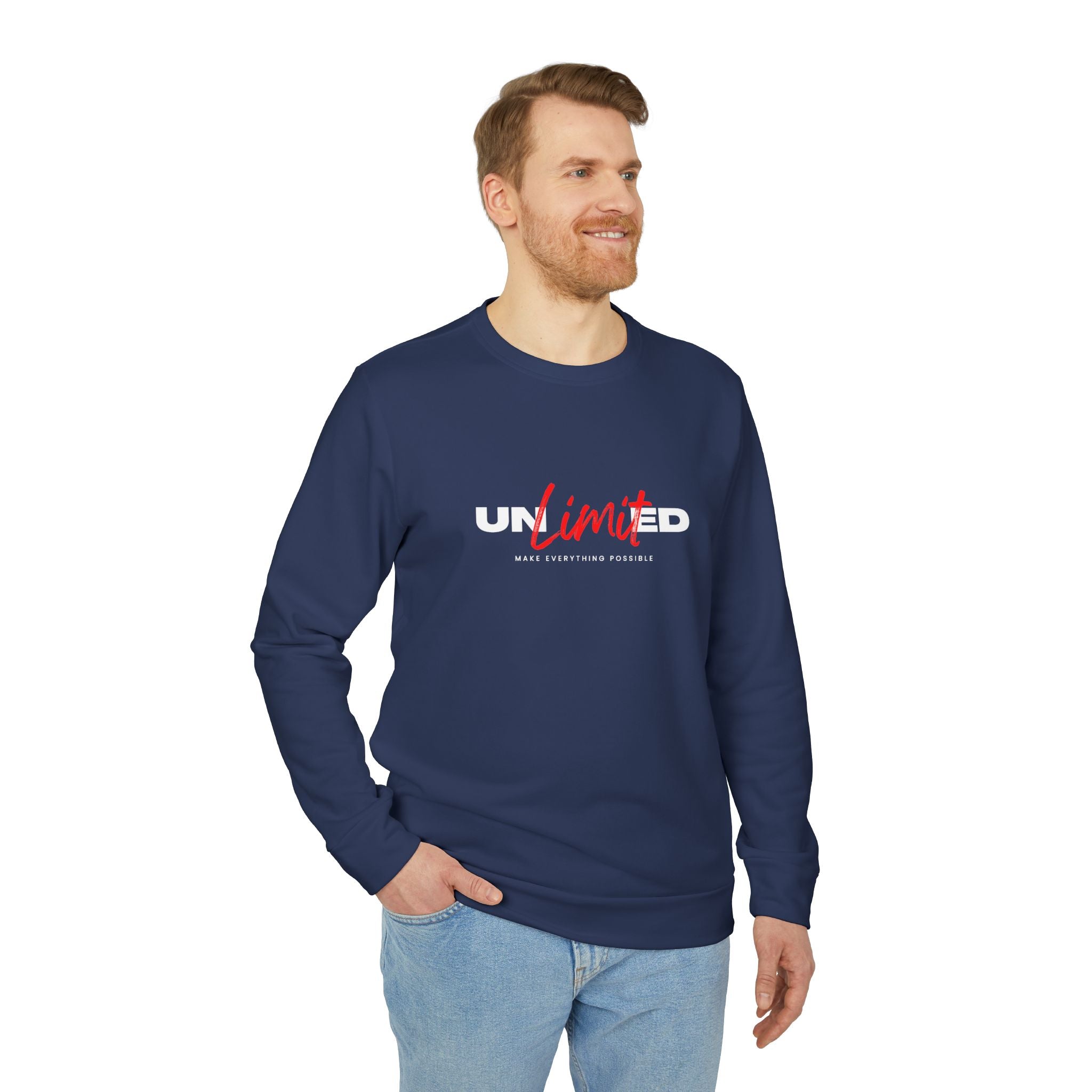 Man wearing a navy blue long-sleeve shirt with 'UNLIMITED' logo on a white background