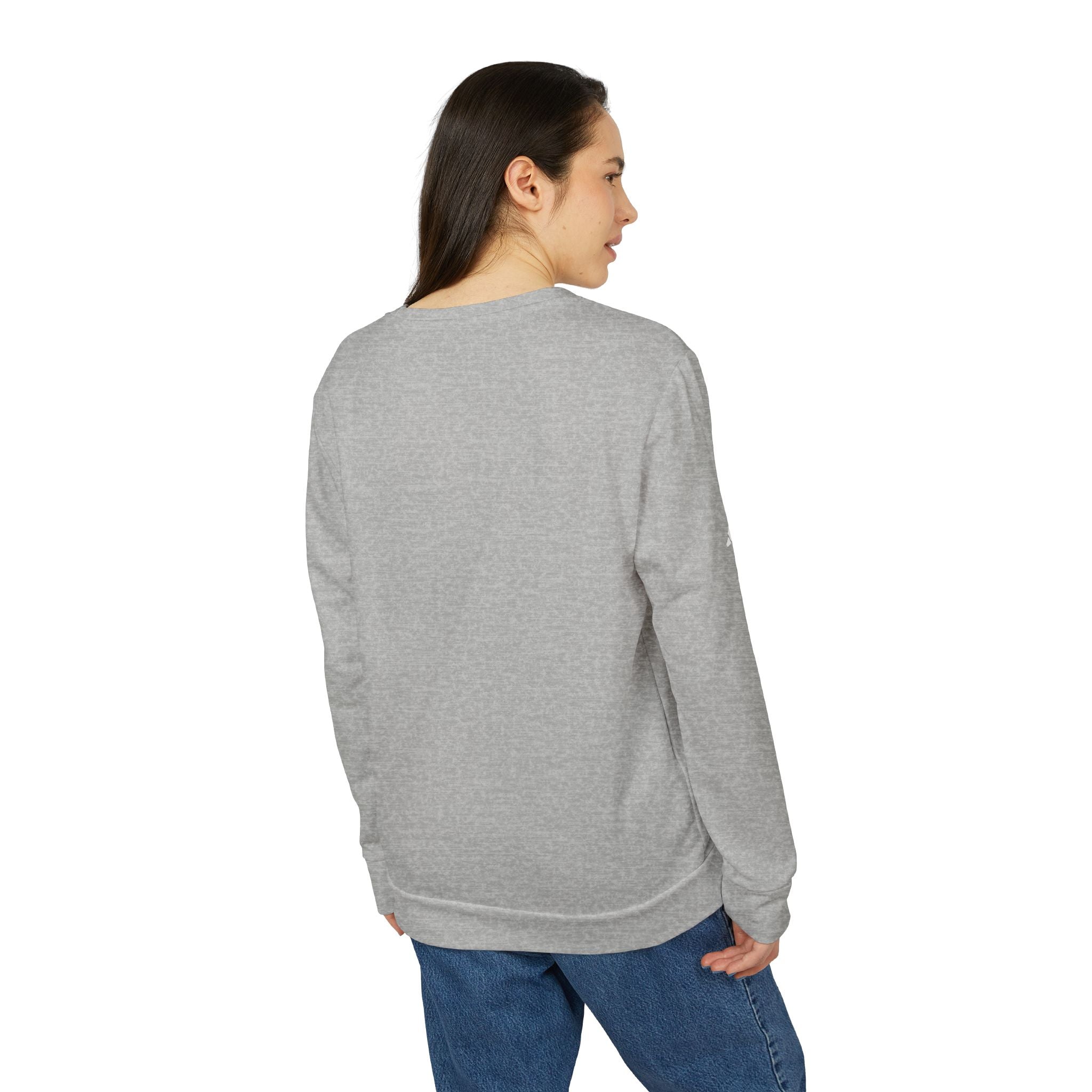 Person wearing a gray sweatshirt on a white background