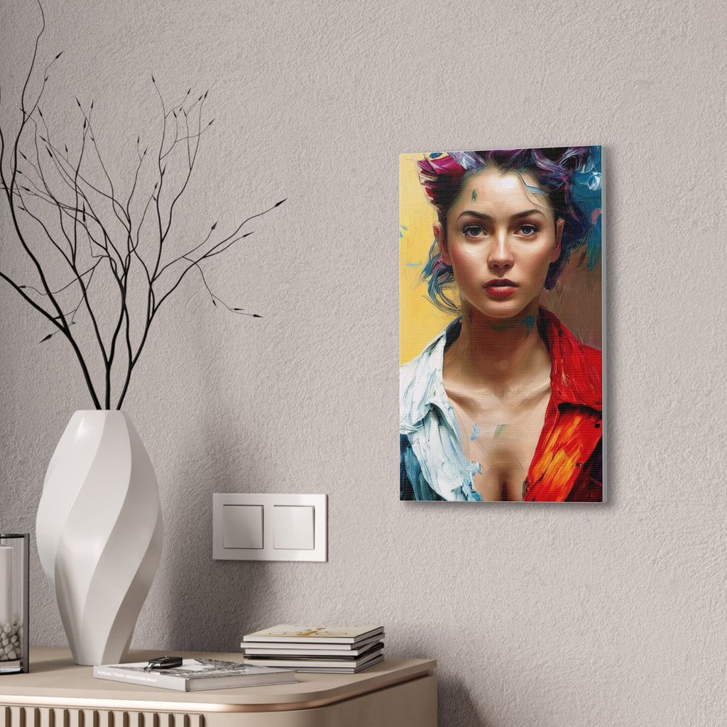 Colorful painting of a woman on a wall above a desk with a vase and books.