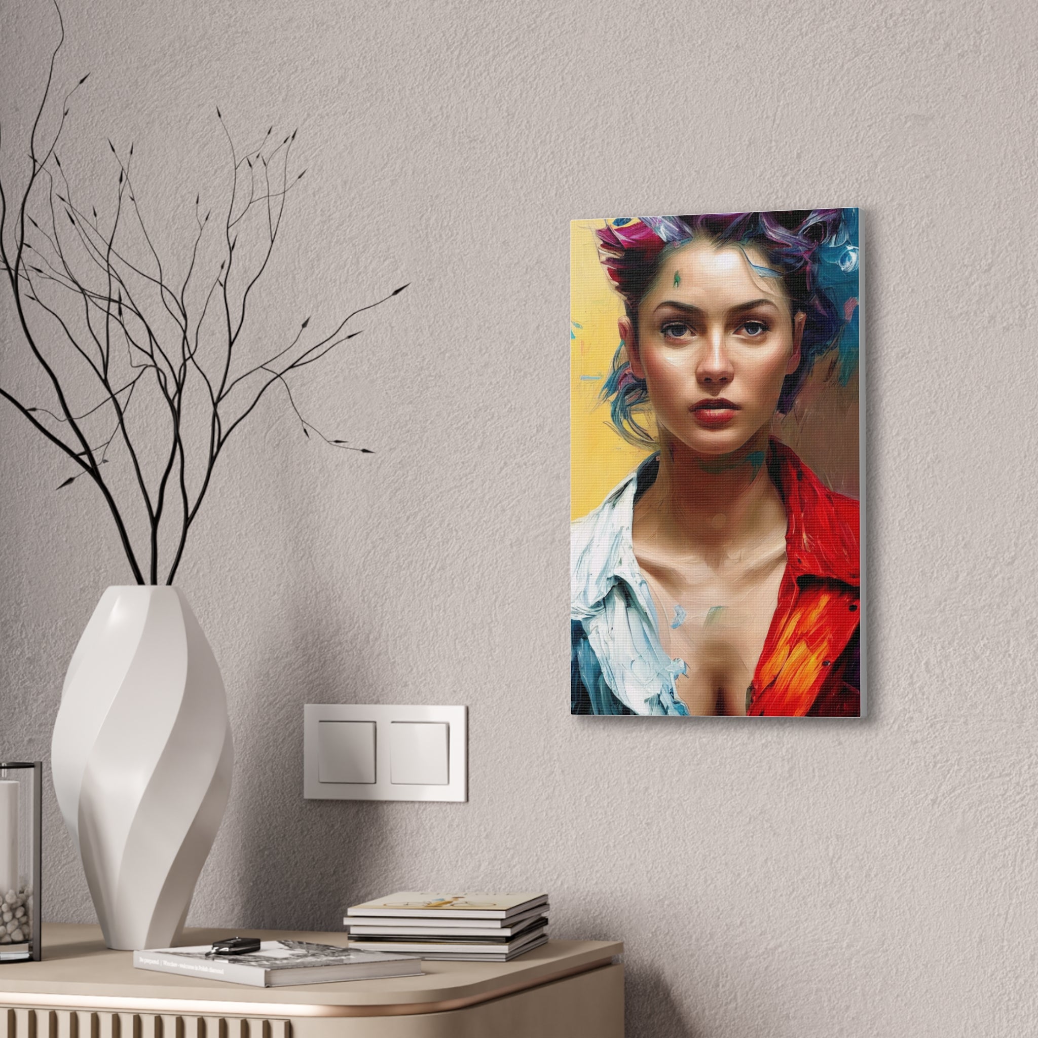 Colorful painting of a woman on a wall above a desk with a vase and books.
