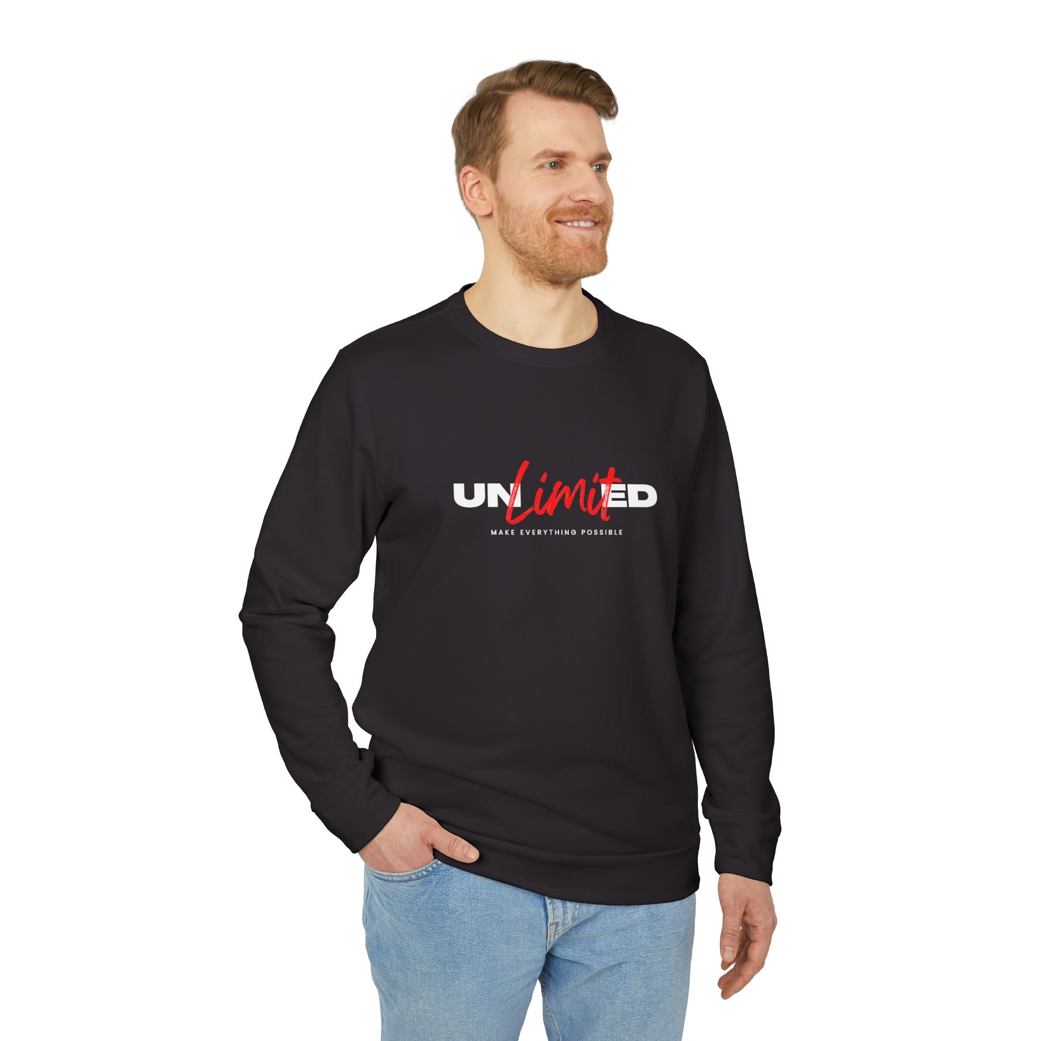 Man wearing a black sweatshirt with 'UNLIMTED' logo on a white background