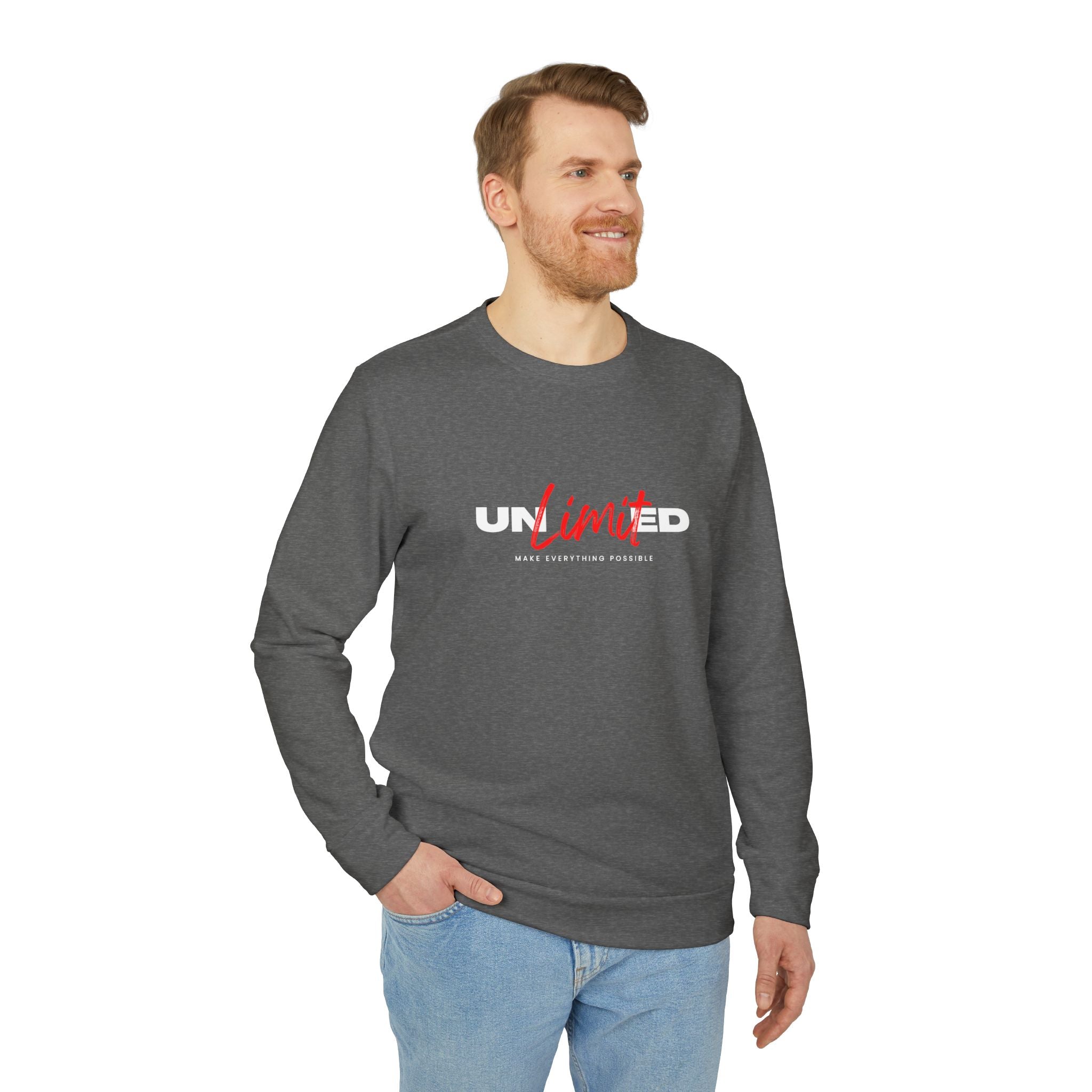 Man wearing a gray sweatshirt with 'UNLTD' logo on a white background