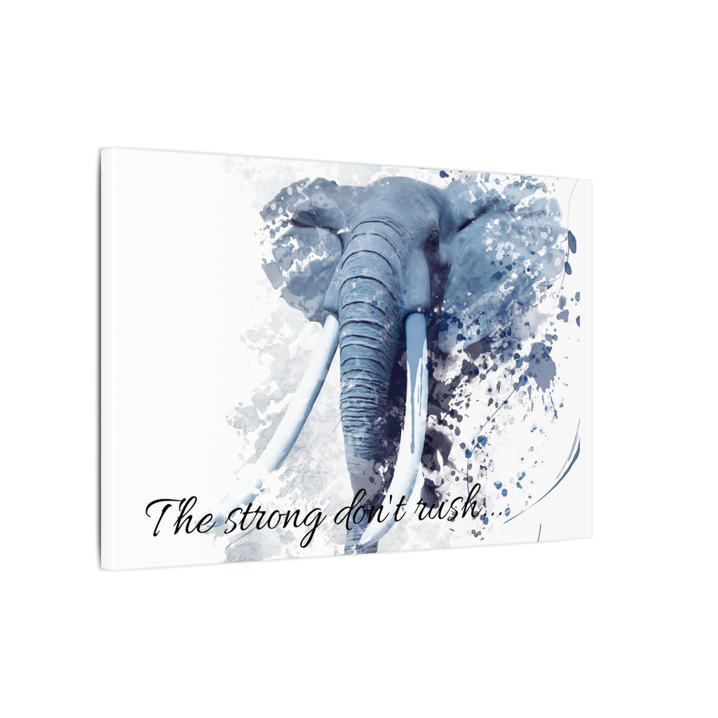 Blue elephant illustration with 'The strong don't rush' text on a white background