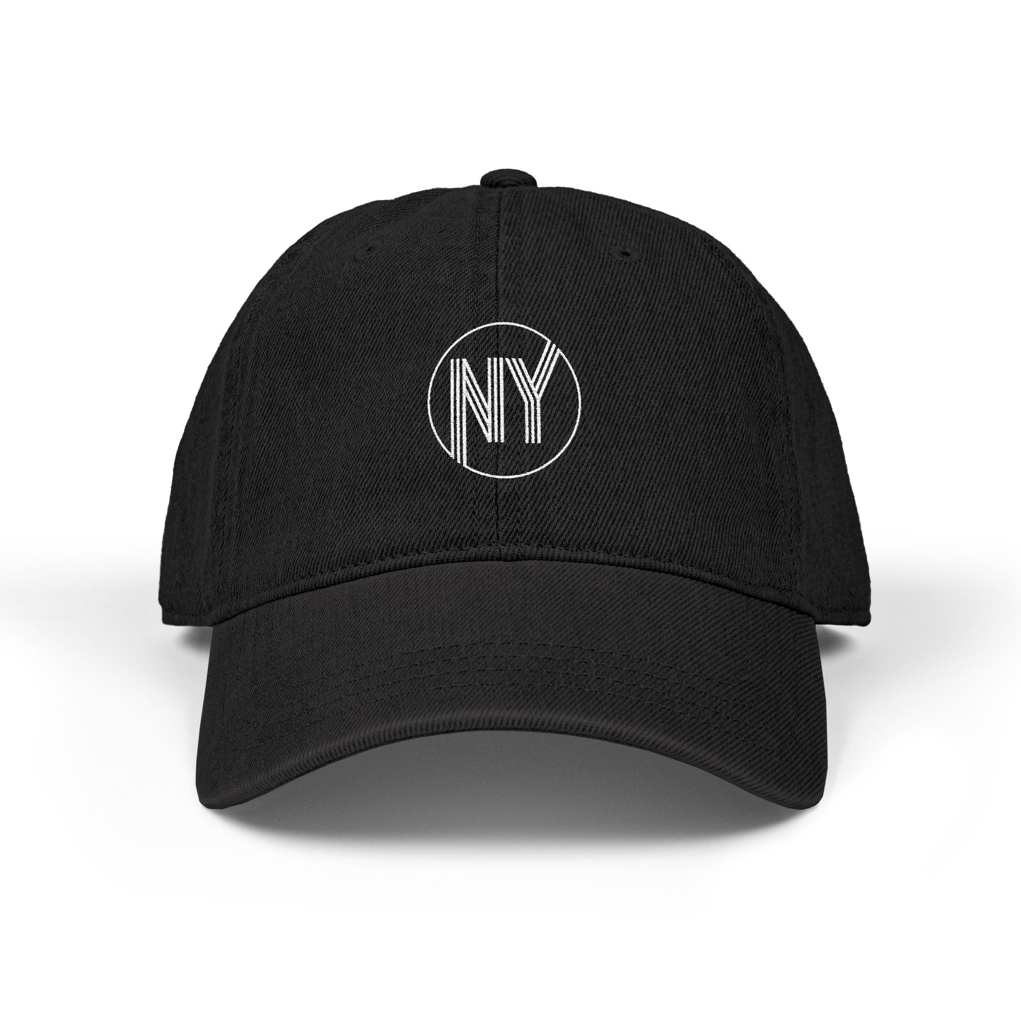 Black cap with 'NY' logo on a white background