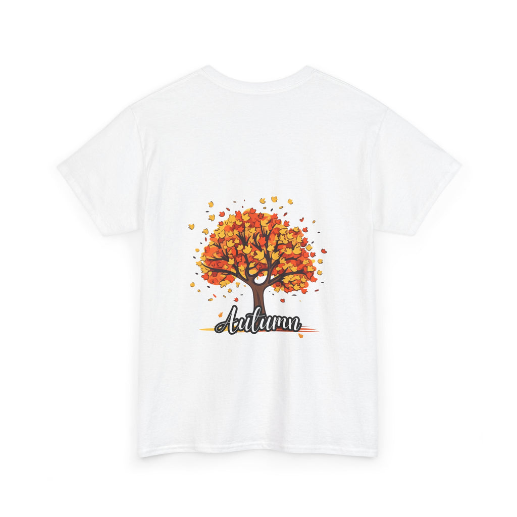 White t-shirt with an autumn-themed graphic on a white background