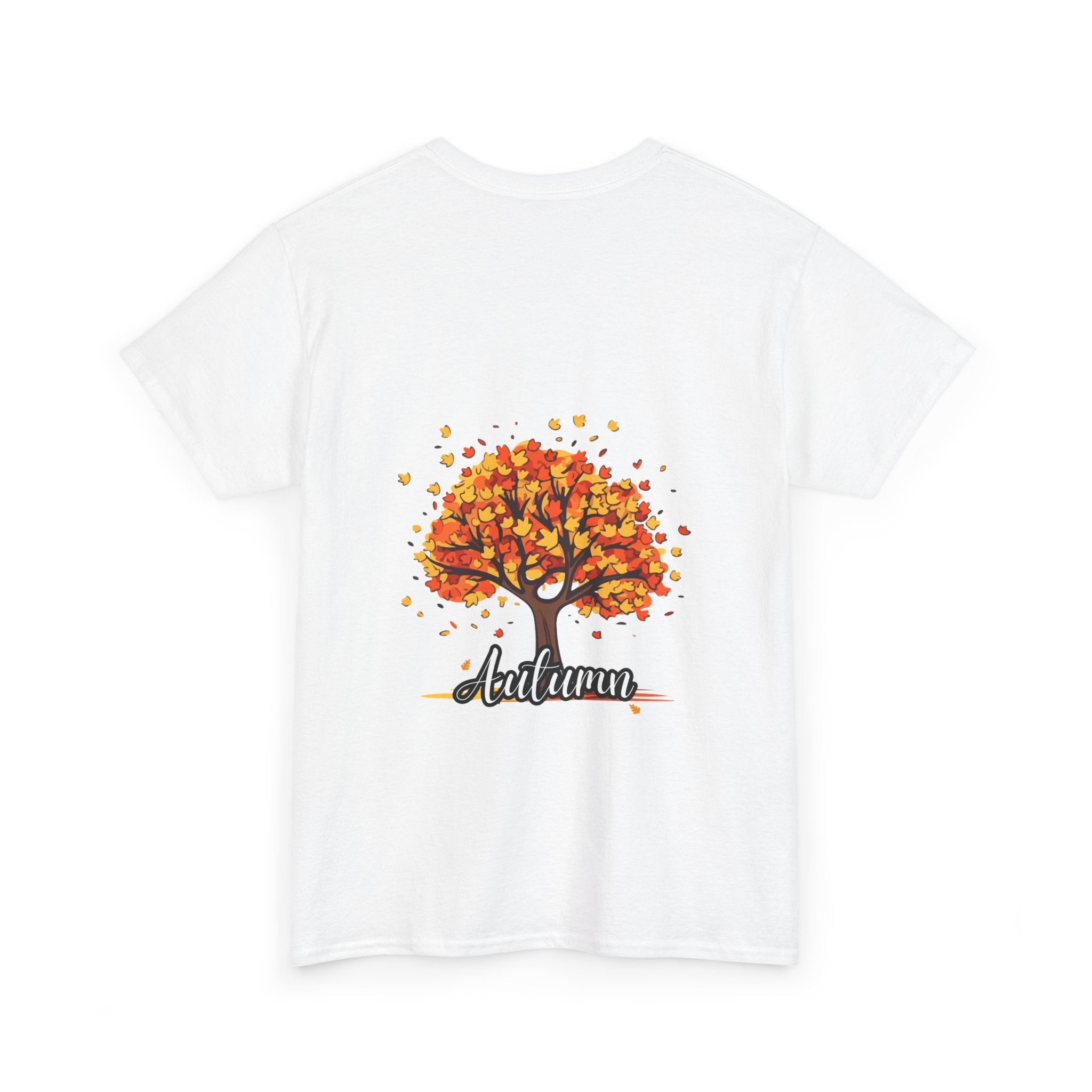 White t-shirt with an autumn-themed graphic on a white background