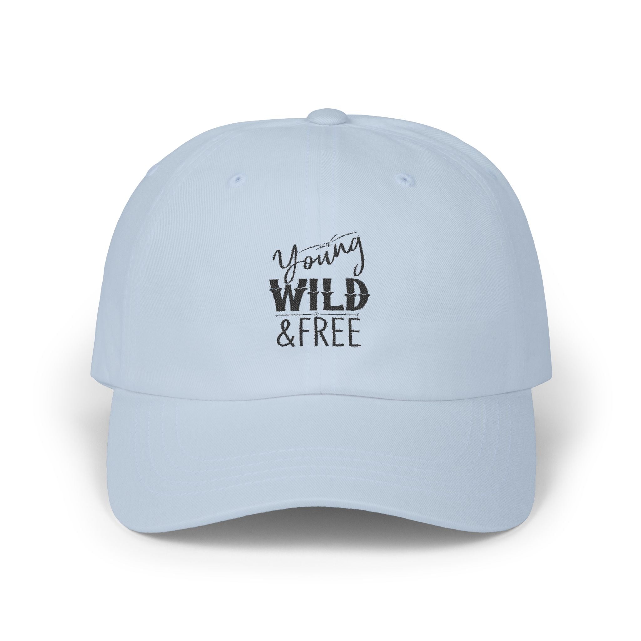 Light blue cap with 'Young Wild & Free' text on a white background