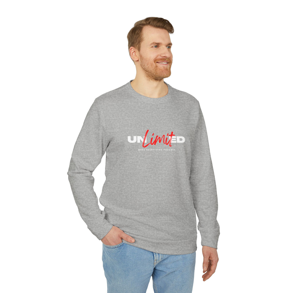 Man wearing a gray sweatshirt with 'UnLimited' logo on a white background