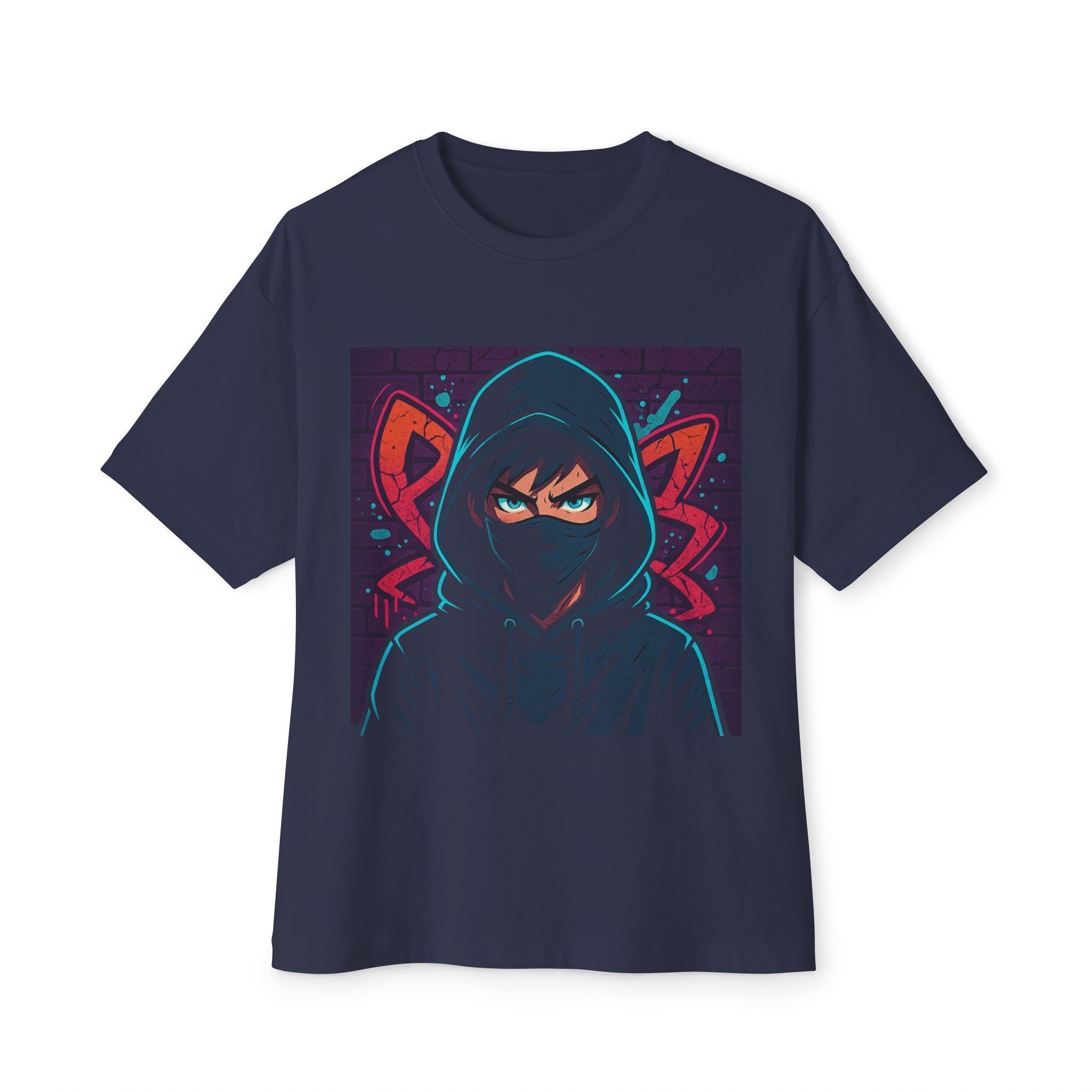 Navy blue t-shirt with a graphic of a hooded figure and red fox ears on a white background